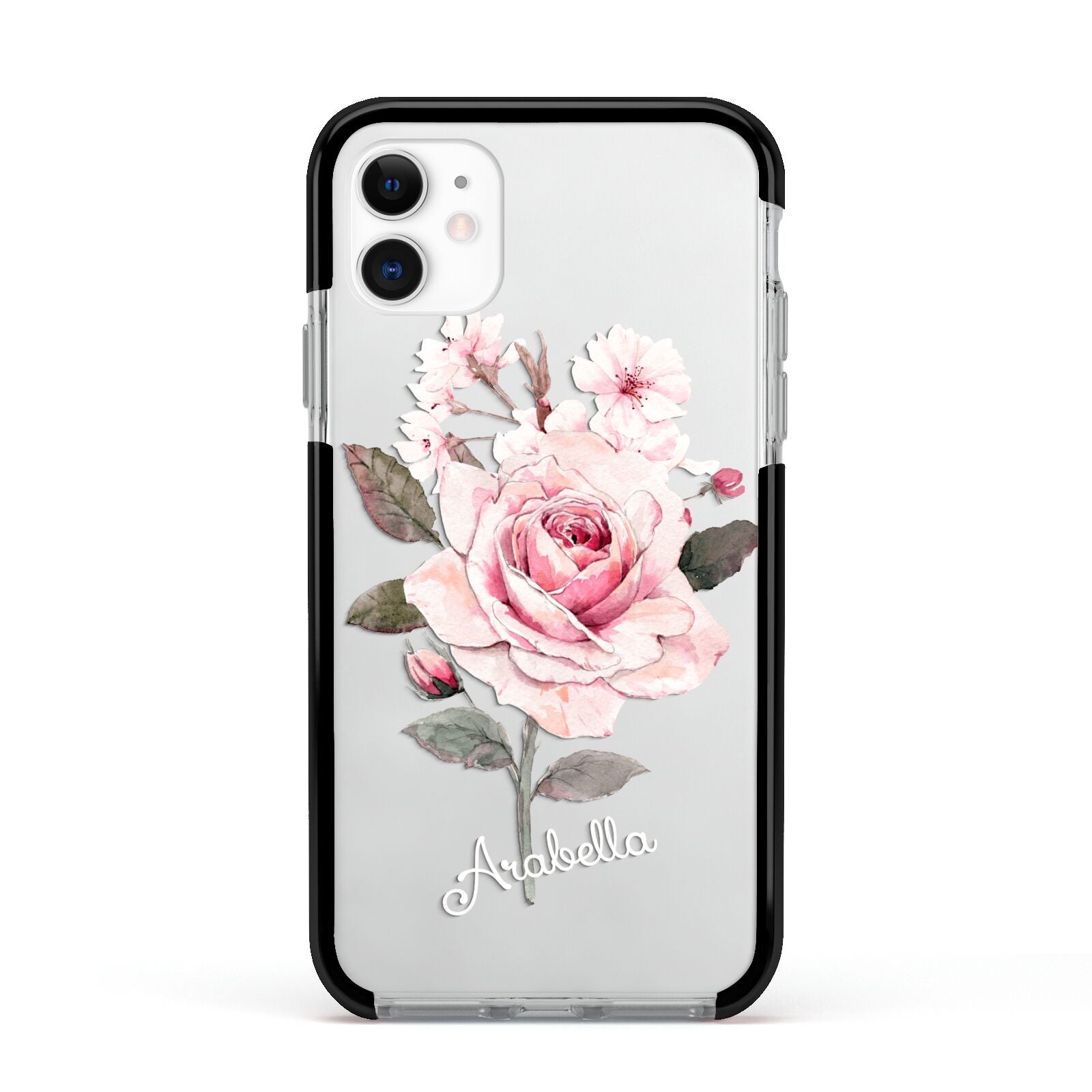 Personalised Rose with Name Apple iPhone 11 in White with Black Impact Case