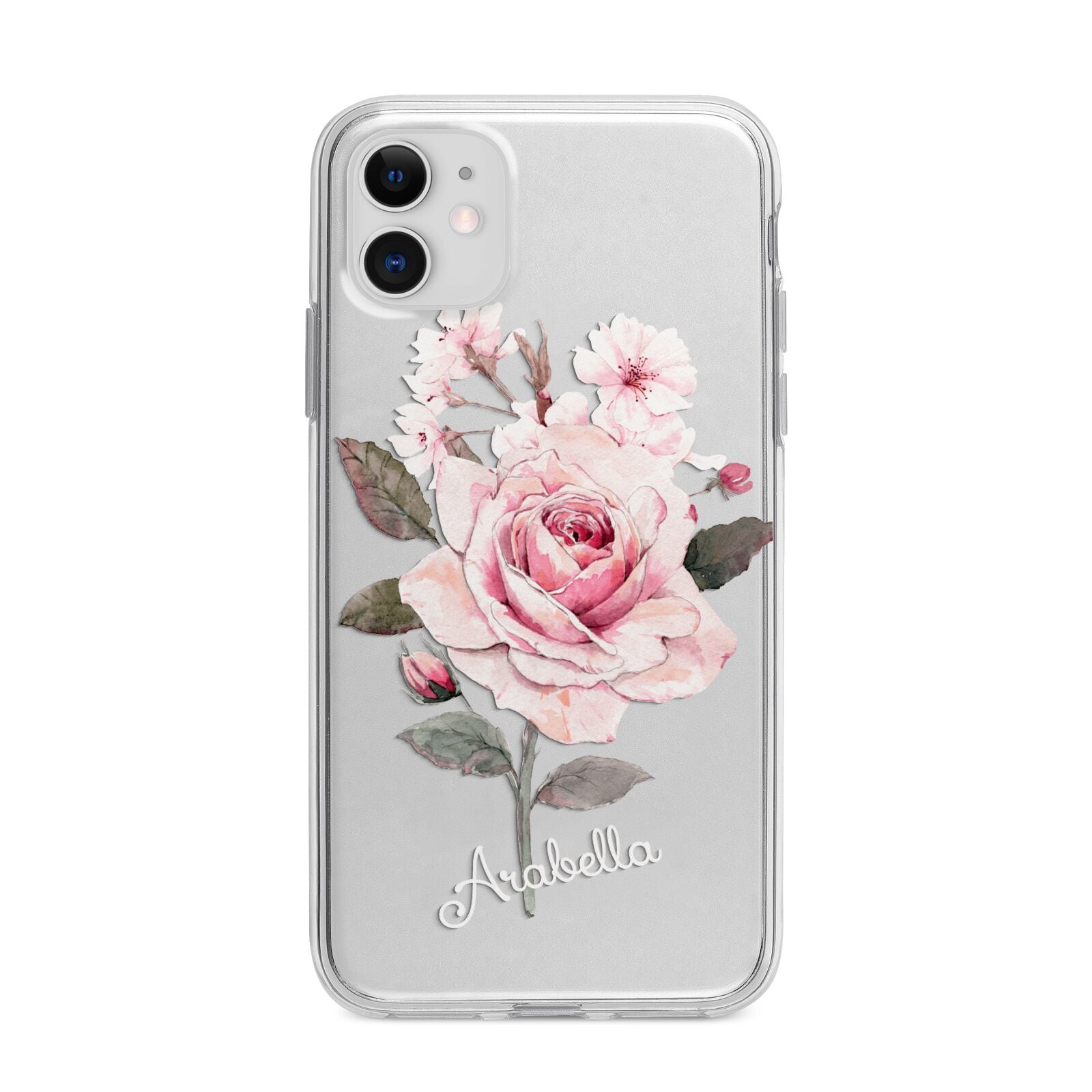 Personalised Rose with Name Apple iPhone 11 in White with Bumper Case