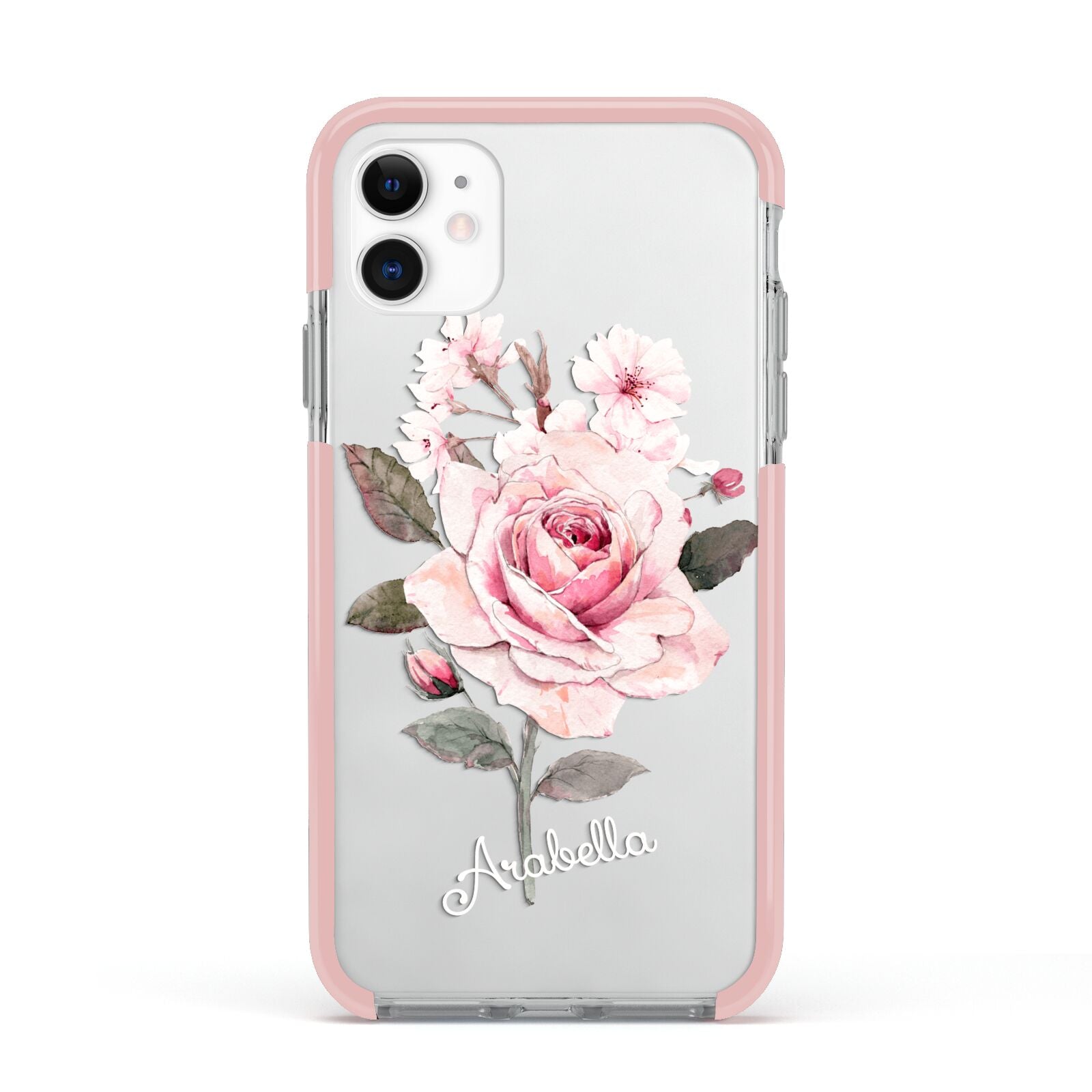 Personalised Rose with Name Apple iPhone 11 in White with Pink Impact Case