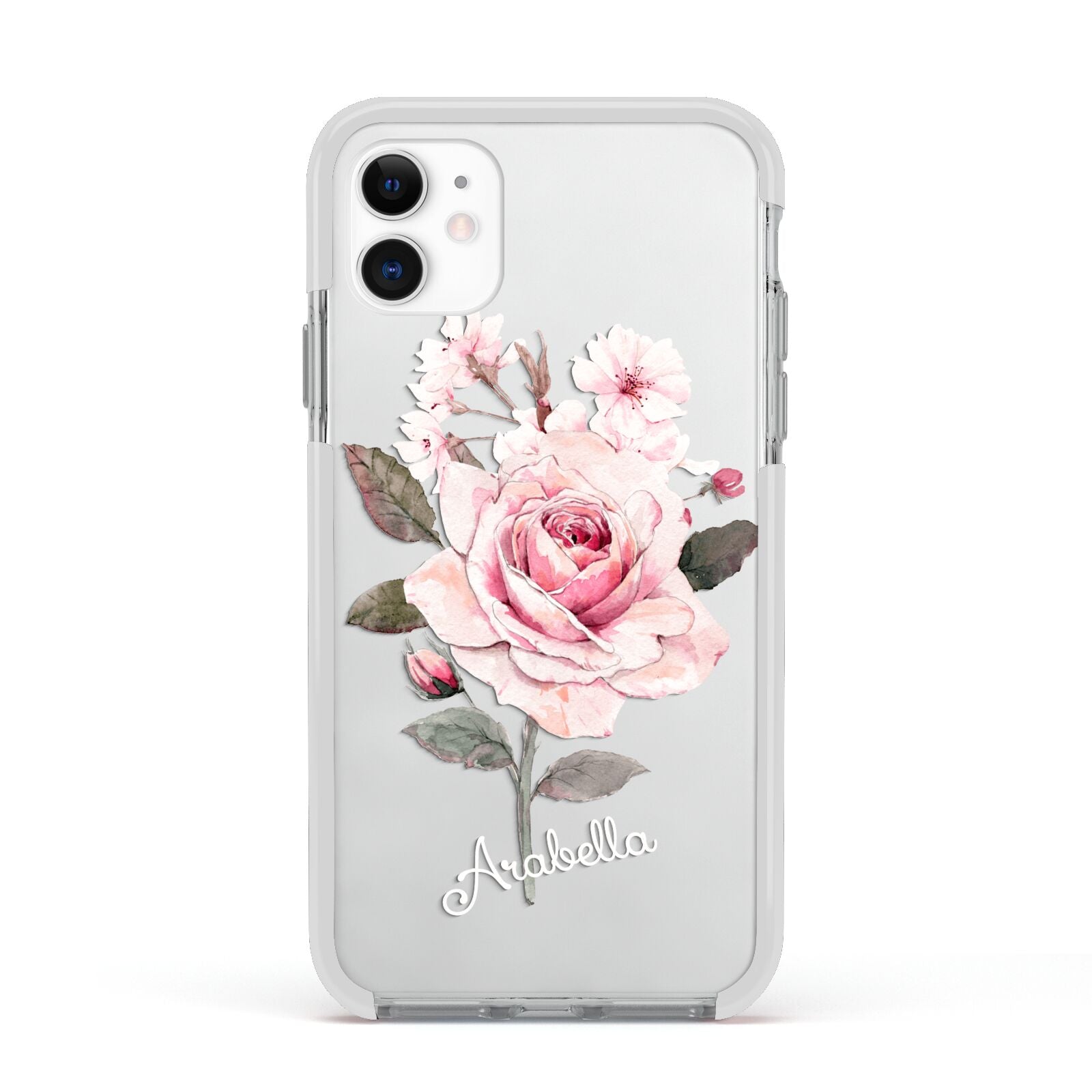 Personalised Rose with Name Apple iPhone 11 in White with White Impact Case