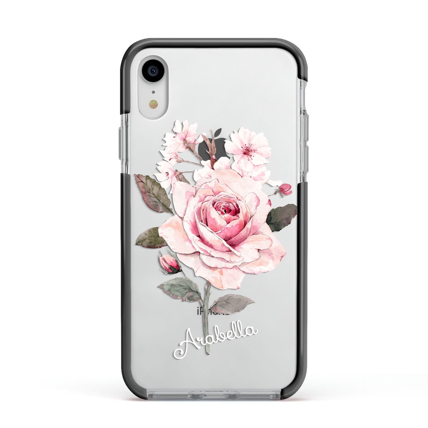 Personalised Rose with Name Apple iPhone XR Impact Case Black Edge on Silver Phone