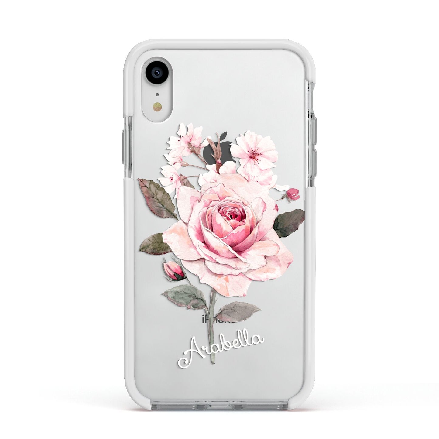 Personalised Rose with Name Apple iPhone XR Impact Case White Edge on Silver Phone