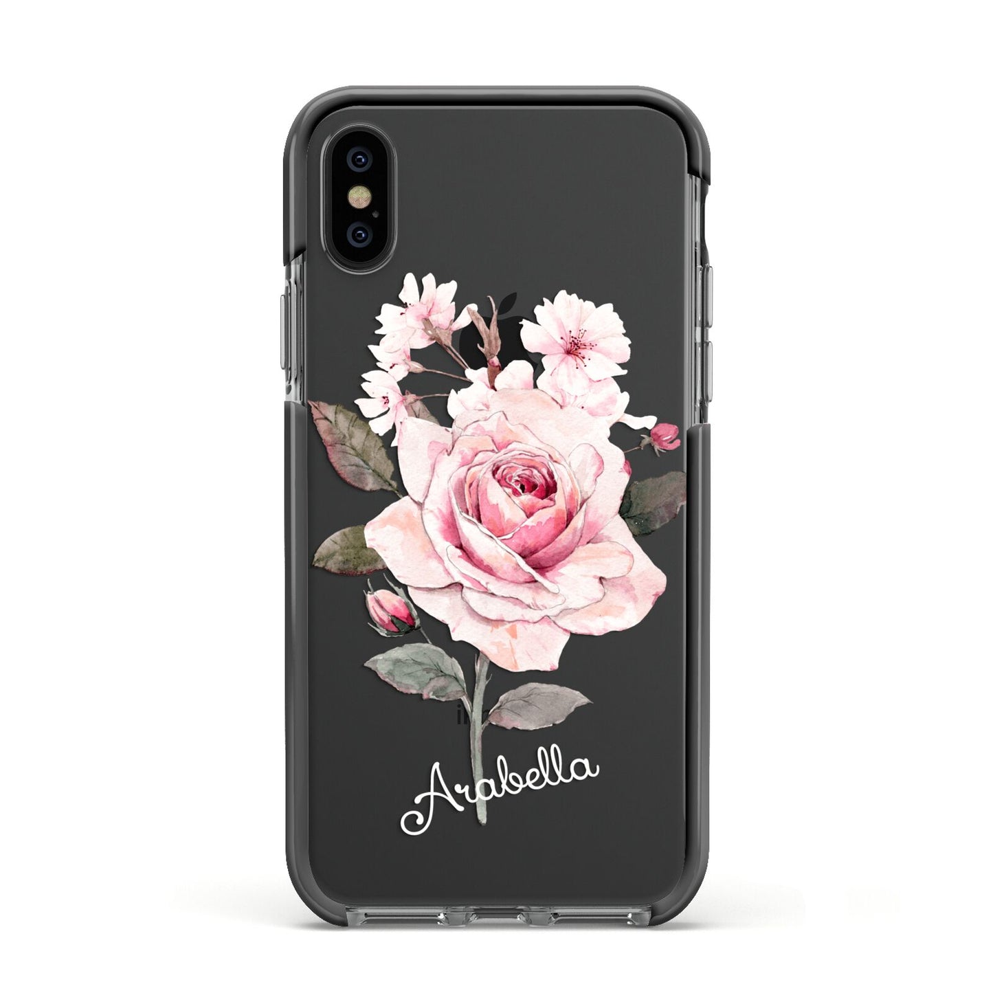 Personalised Rose with Name Apple iPhone Xs Impact Case Black Edge on Black Phone