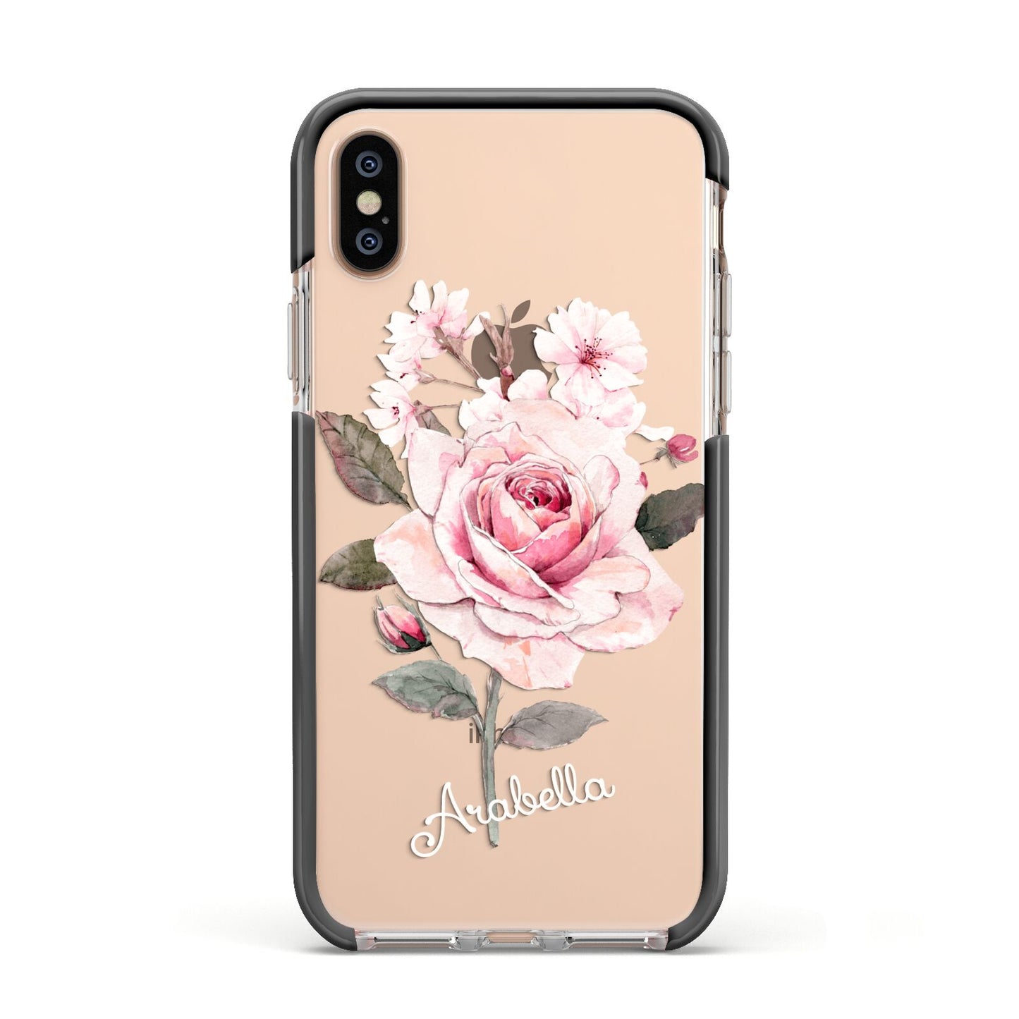 Personalised Rose with Name Apple iPhone Xs Impact Case Black Edge on Gold Phone