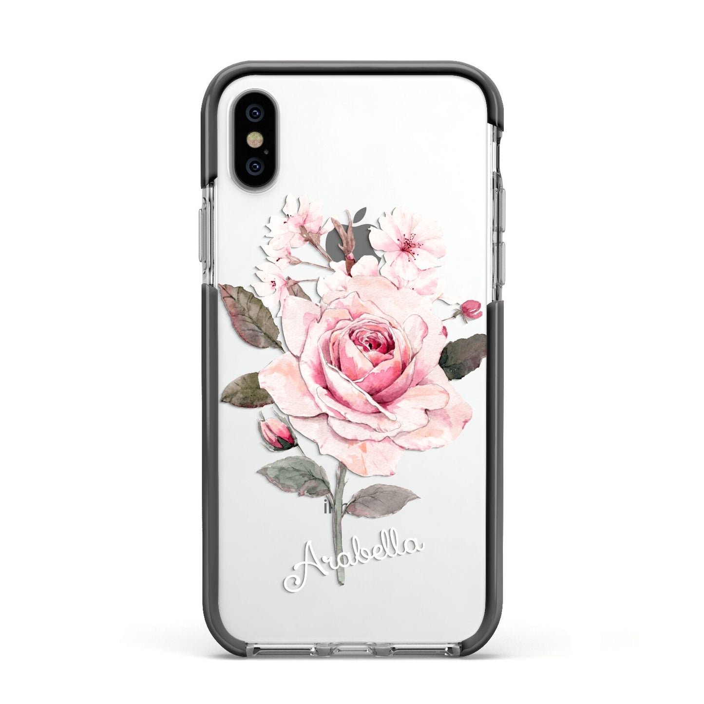 Personalised Rose with Name Apple iPhone Xs Impact Case Black Edge on Silver Phone