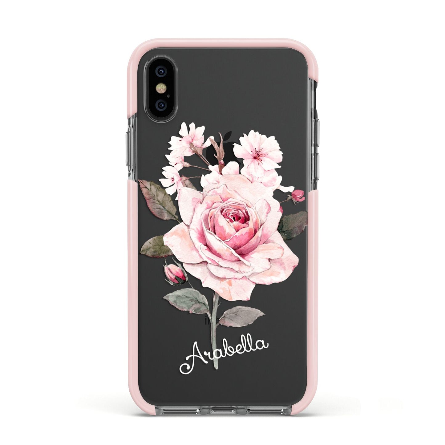 Personalised Rose with Name Apple iPhone Xs Impact Case Pink Edge on Black Phone