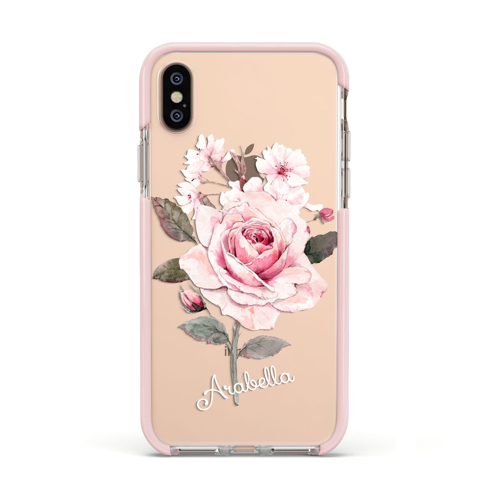 Personalised Rose with Name Apple iPhone Xs Impact Case Pink Edge on Gold Phone