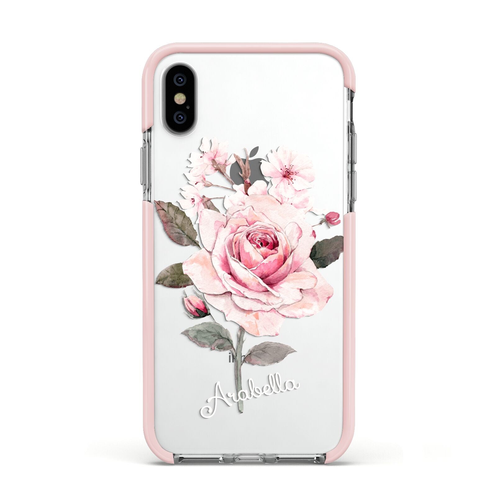 Personalised Rose with Name Apple iPhone Xs Impact Case Pink Edge on Silver Phone