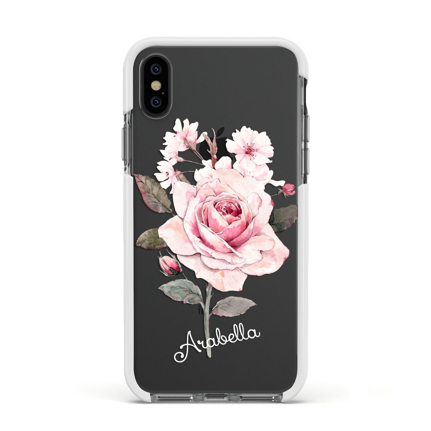 Personalised Rose with Name Apple iPhone Xs Impact Case White Edge on Black Phone