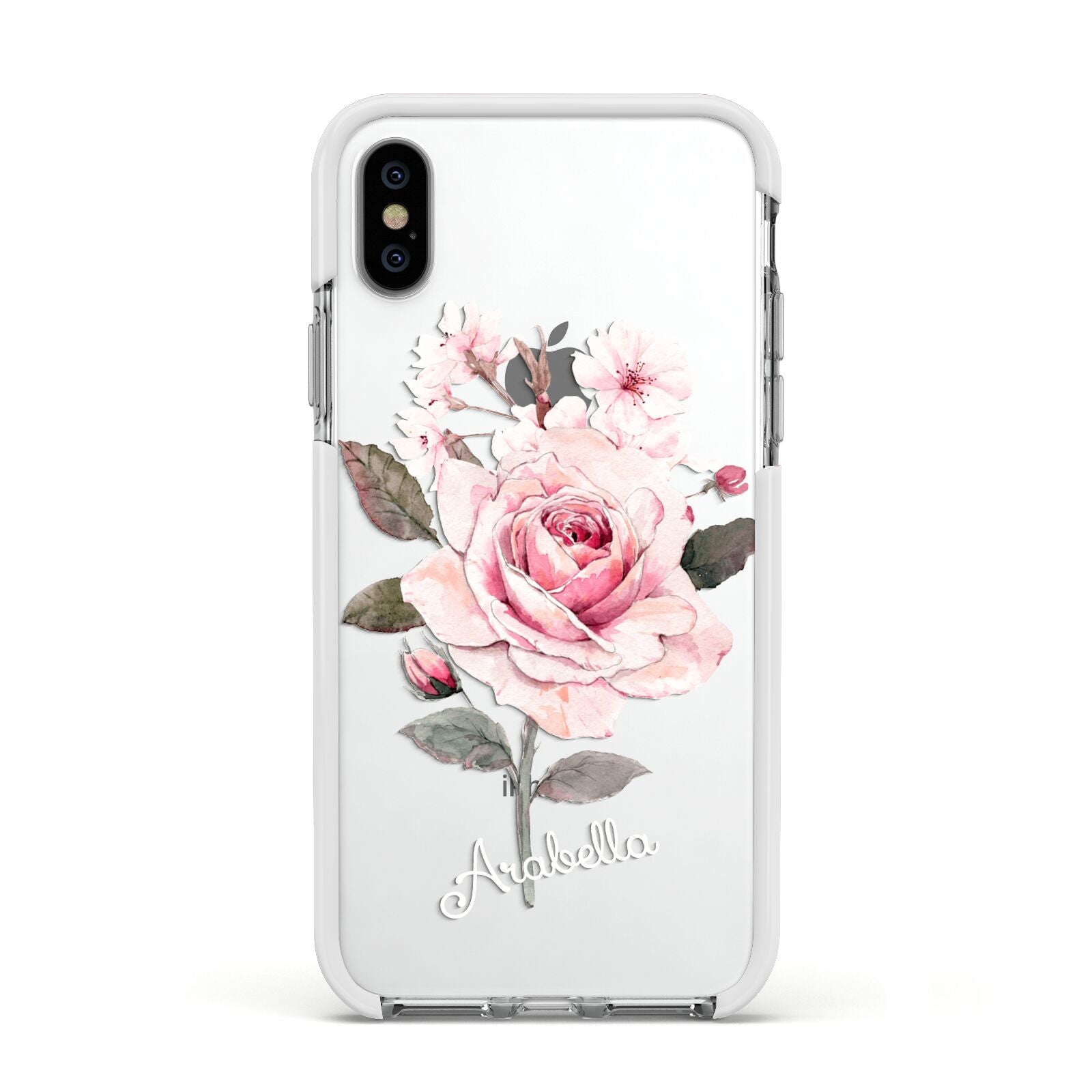 Personalised Rose with Name Apple iPhone Xs Impact Case White Edge on Silver Phone