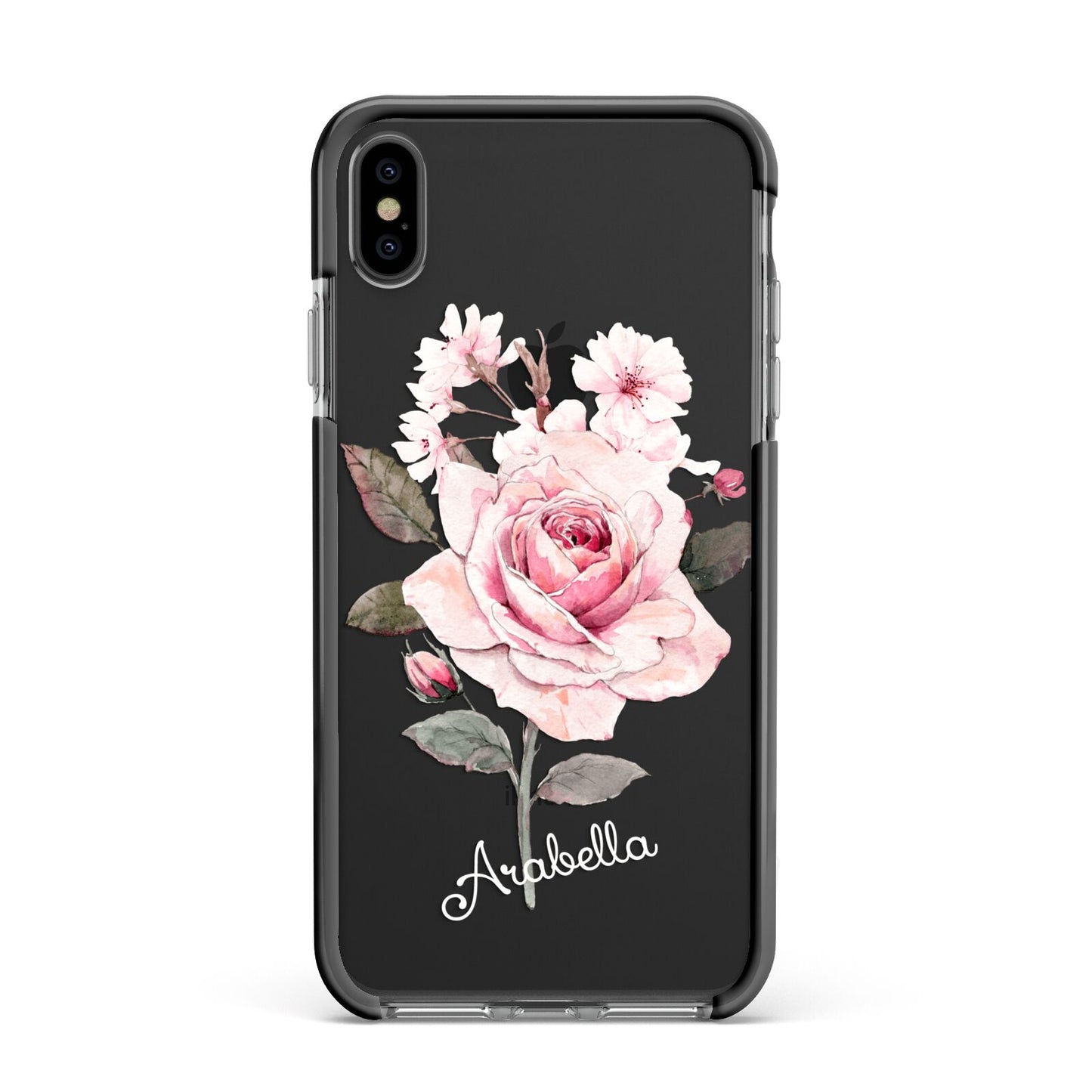 Personalised Rose with Name Apple iPhone Xs Max Impact Case Black Edge on Black Phone