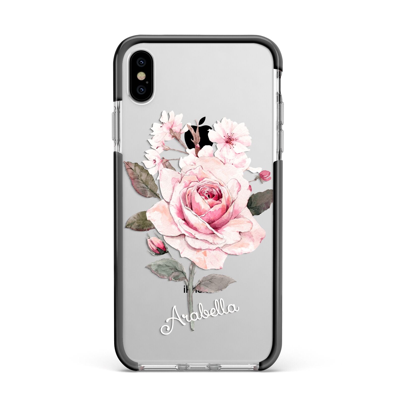 Personalised Rose with Name Apple iPhone Xs Max Impact Case Black Edge on Silver Phone