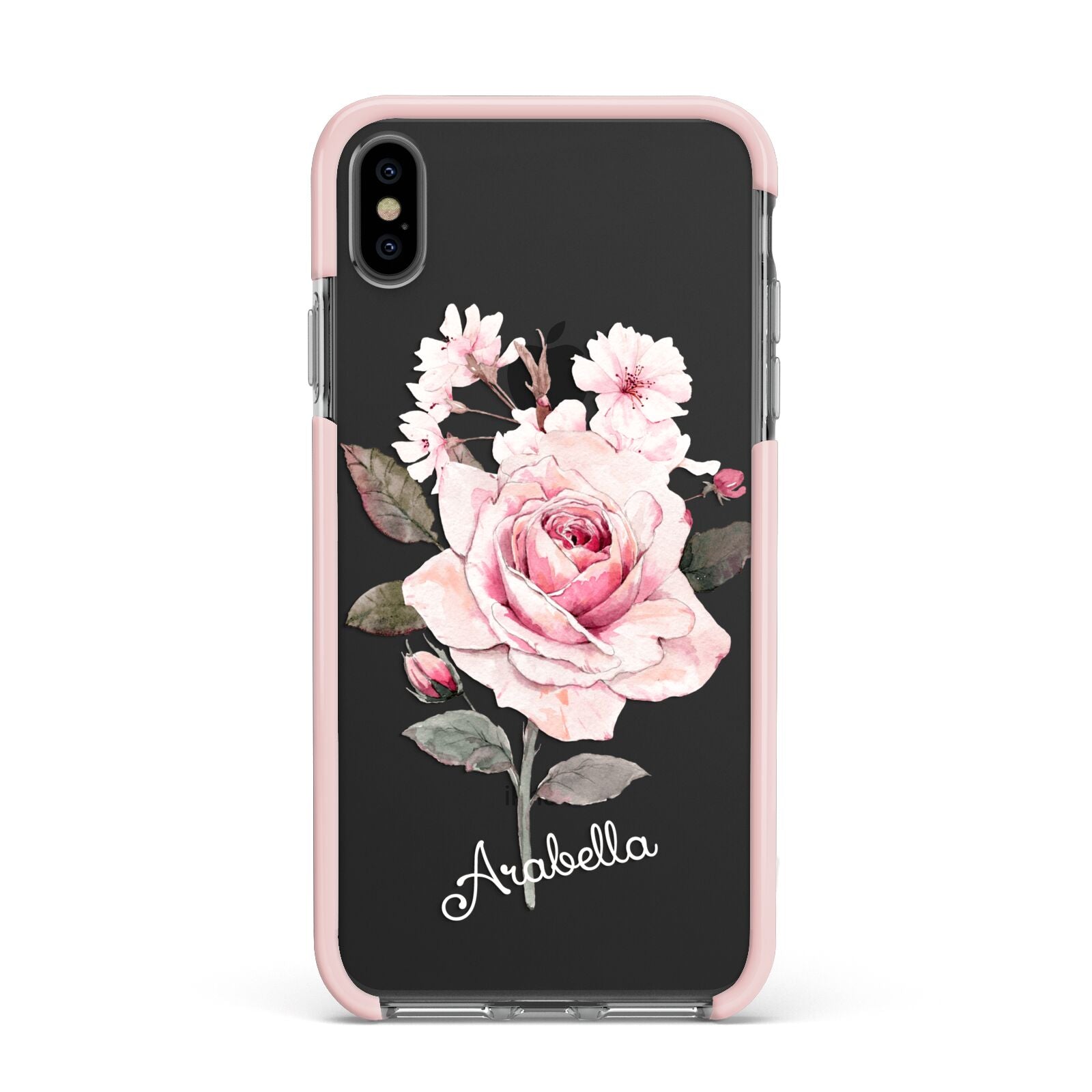 Personalised Rose with Name Apple iPhone Xs Max Impact Case Pink Edge on Black Phone