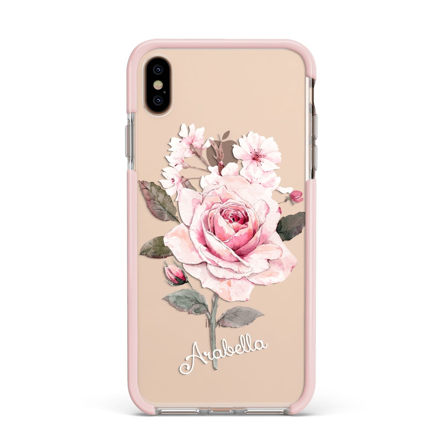 Personalised Rose with Name Apple iPhone Xs Max Impact Case Pink Edge on Gold Phone