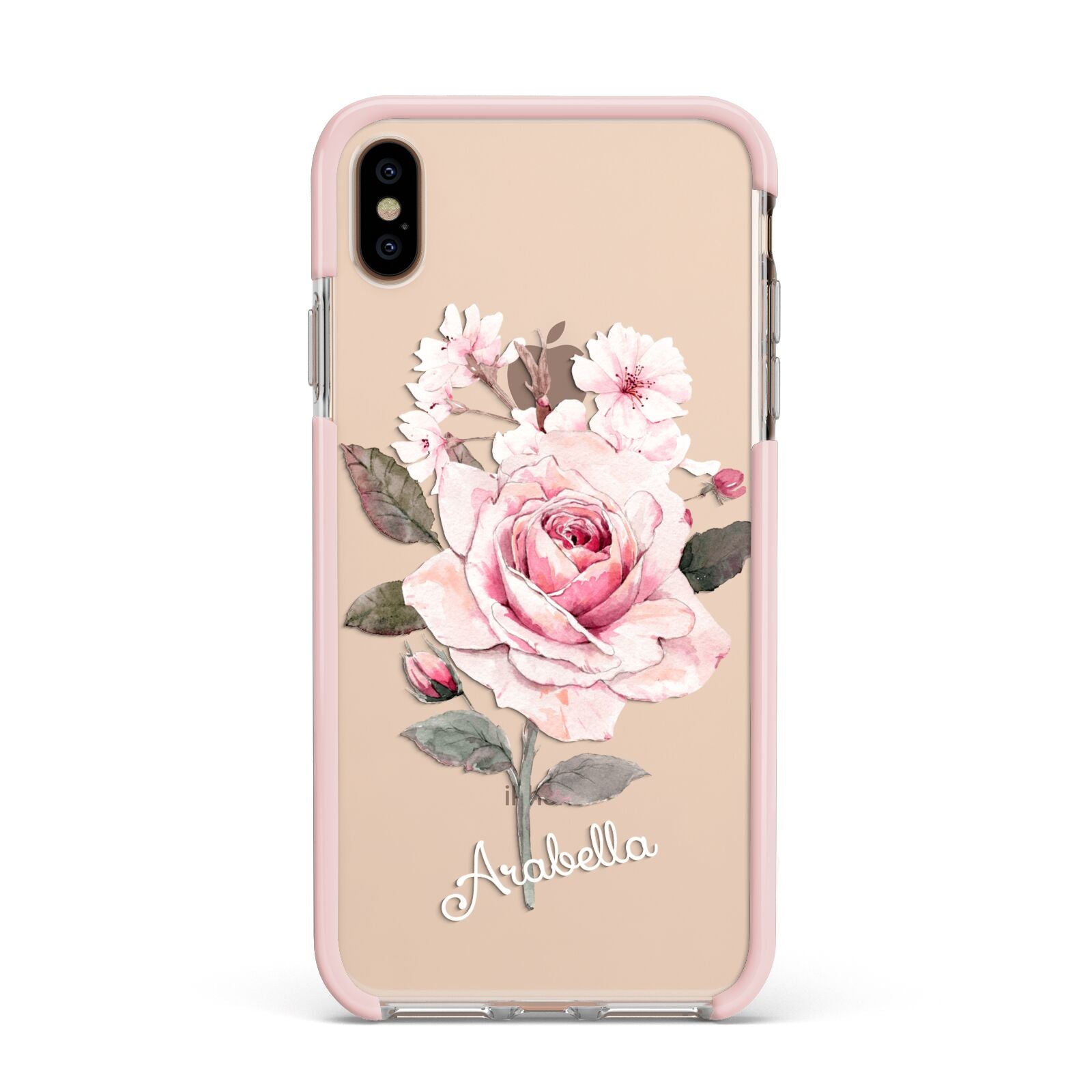 Personalised Rose with Name Apple iPhone Xs Max Impact Case Pink Edge on Gold Phone