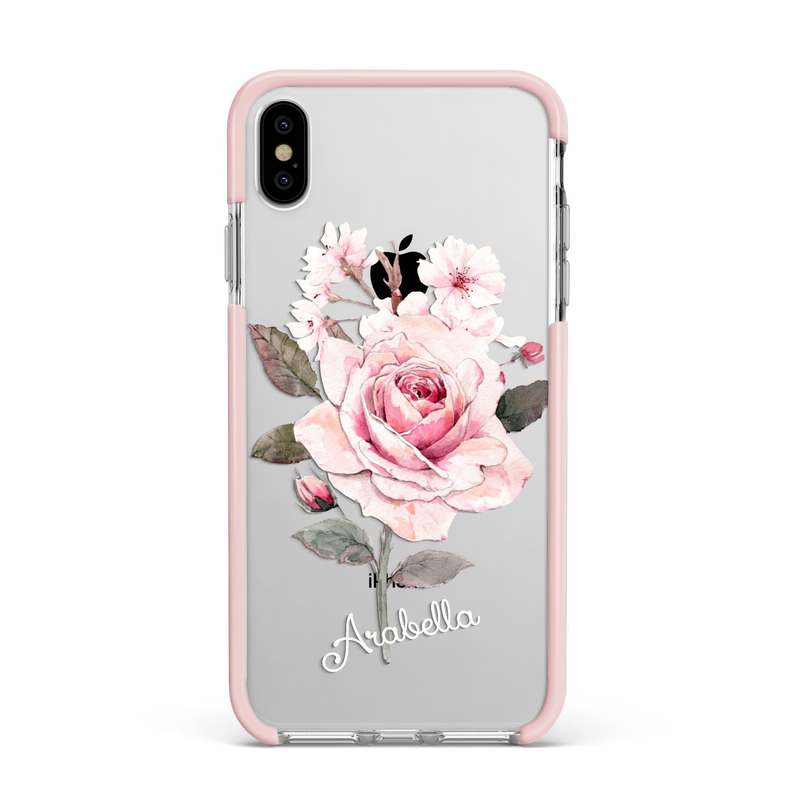 Personalised Rose with Name Apple iPhone Xs Max Impact Case Pink Edge on Silver Phone