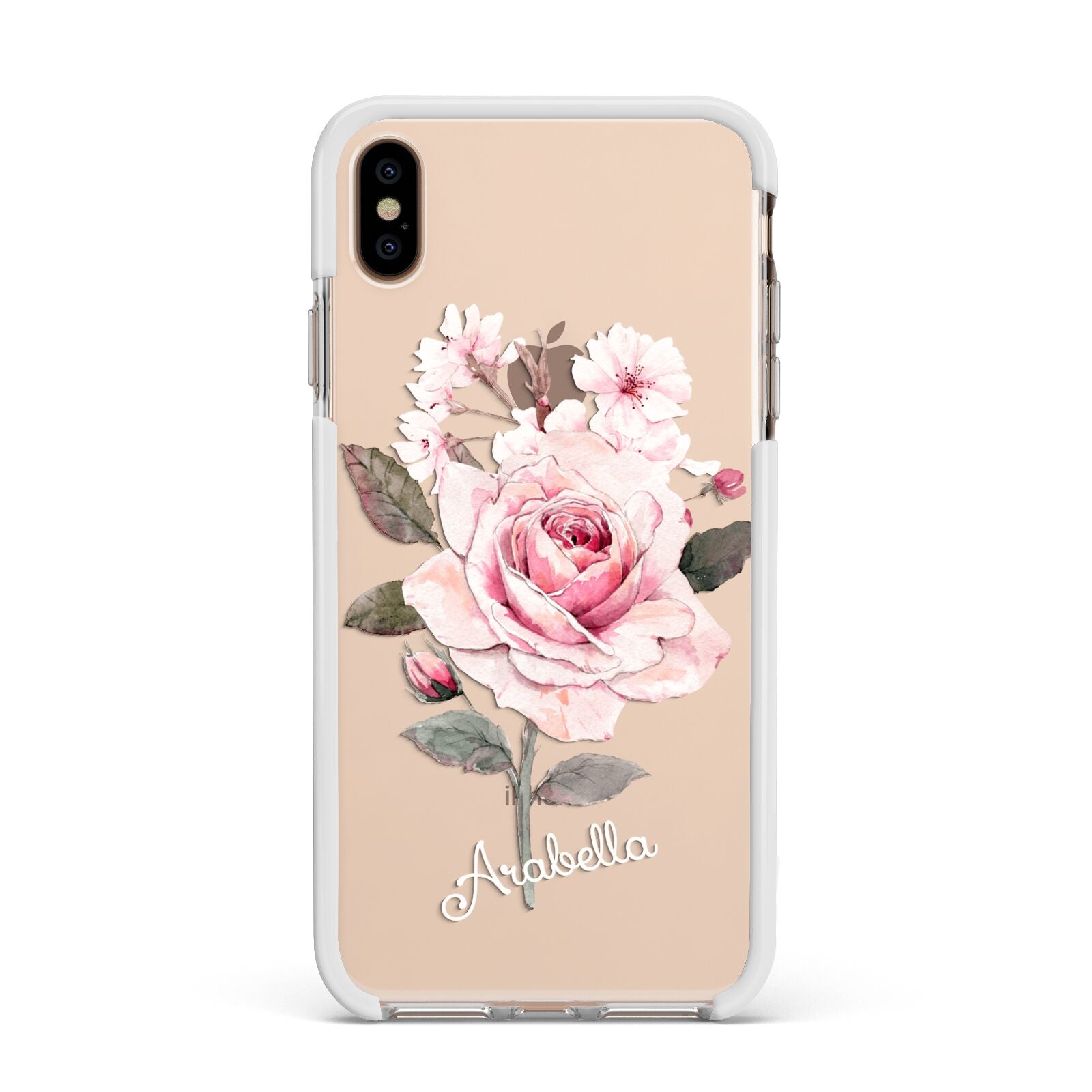 Personalised Rose with Name Apple iPhone Xs Max Impact Case White Edge on Gold Phone