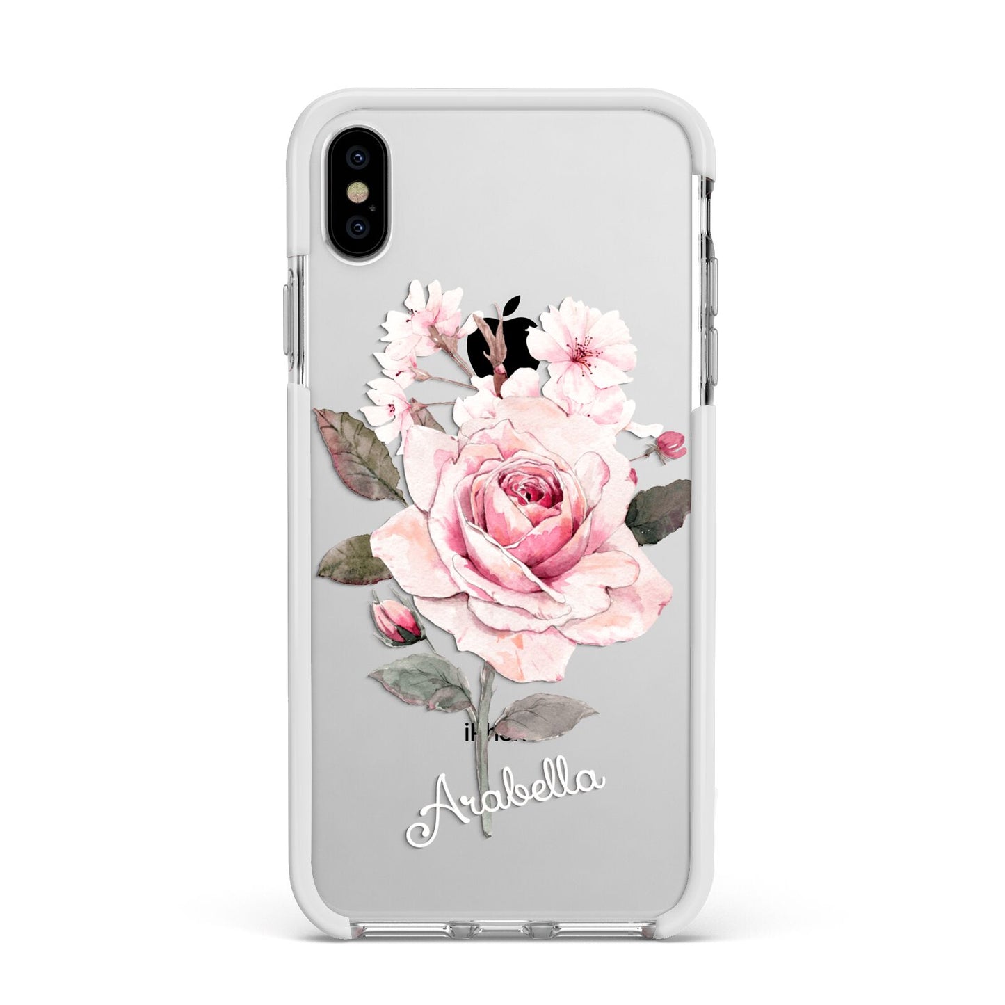 Personalised Rose with Name Apple iPhone Xs Max Impact Case White Edge on Silver Phone