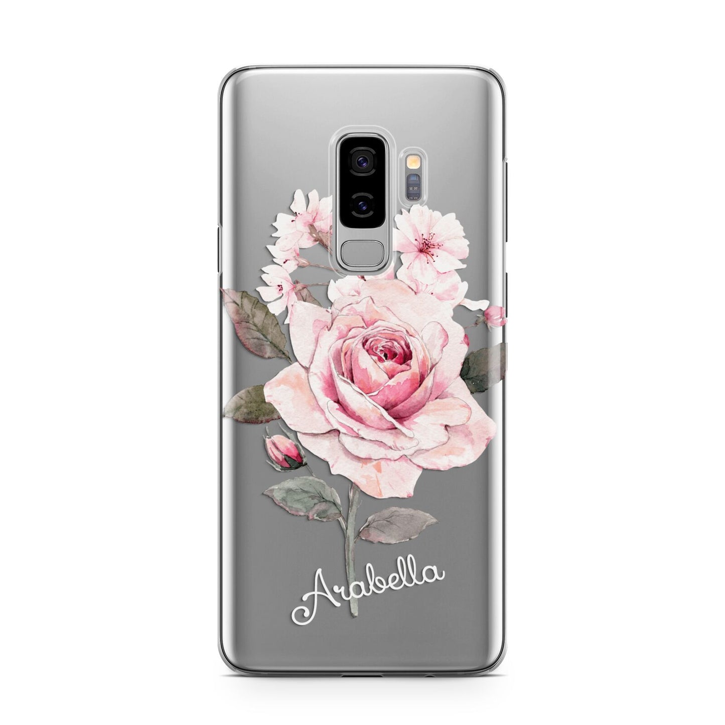 Personalised Rose with Name Samsung Galaxy S9 Plus Case on Silver phone