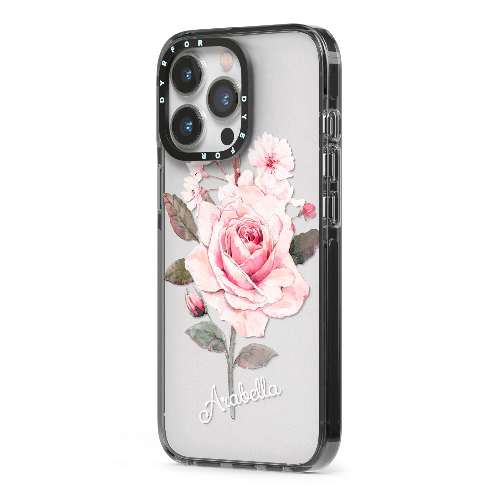 Personalised Rose with Name iPhone 13 Pro Black Impact Case Side Angle on Silver phone