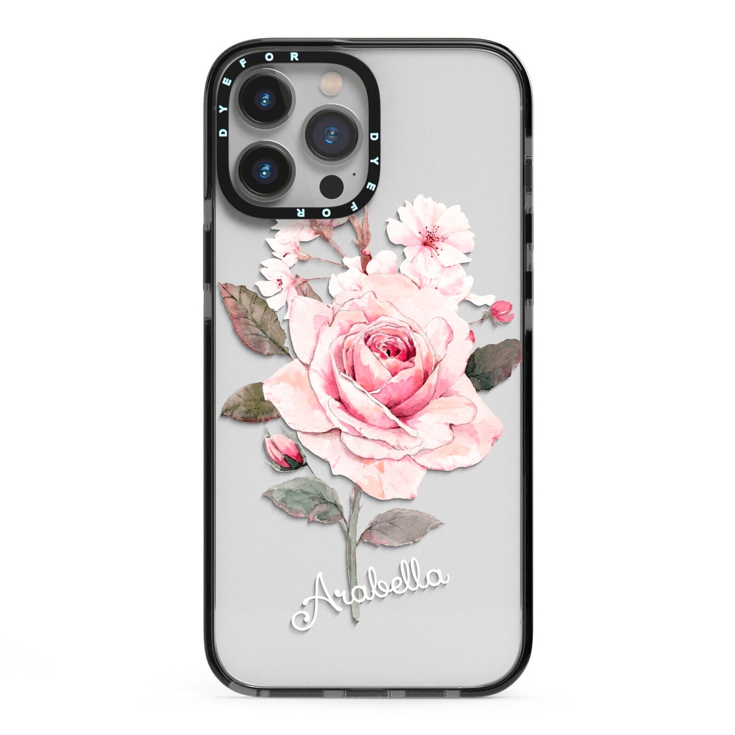 Personalised Rose with Name iPhone 13 Pro Max Black Impact Case on Silver phone