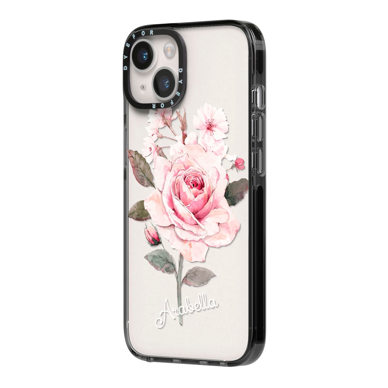 Personalised Rose with Name iPhone 14 Black Impact Case Side Angle on Silver phone