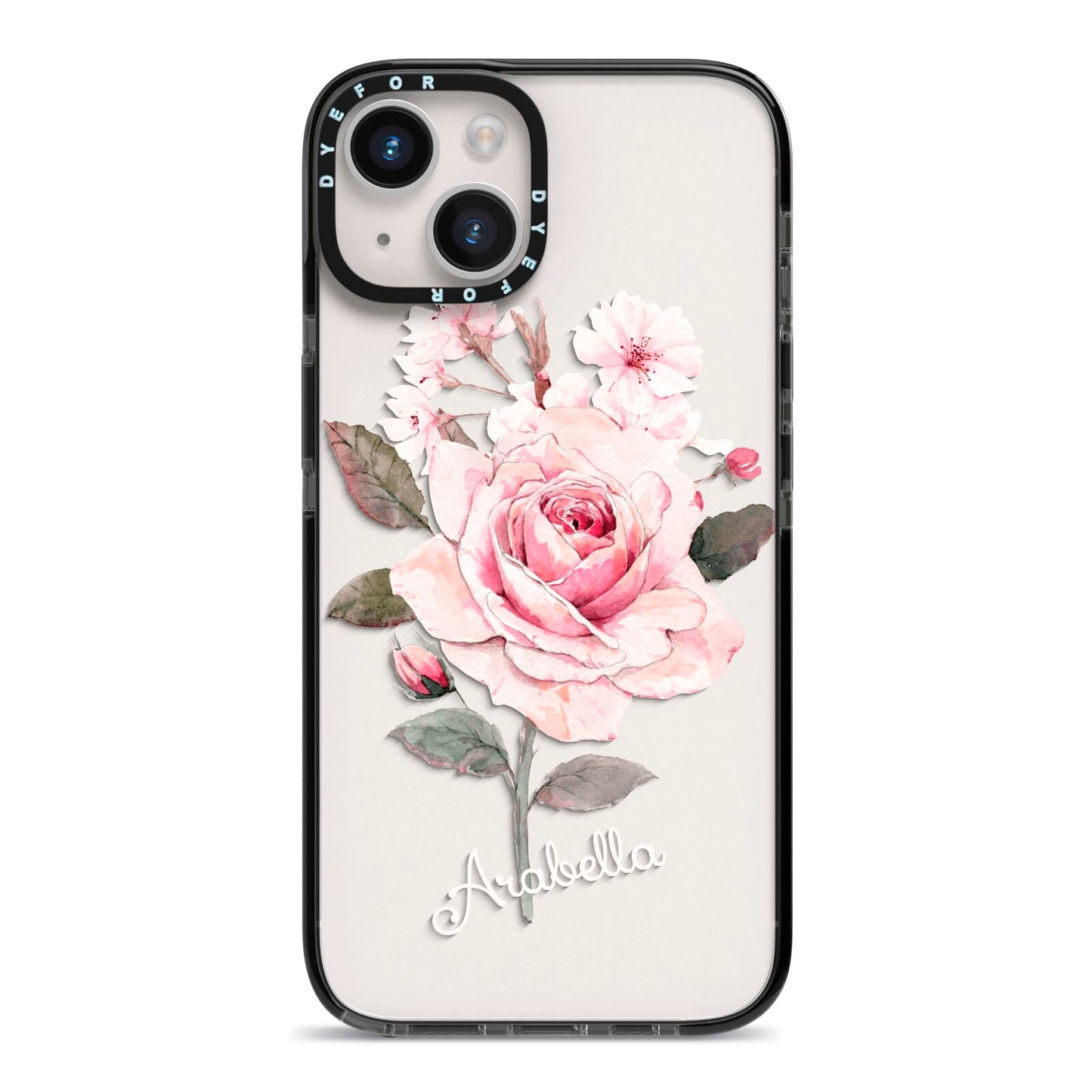 Personalised Rose with Name iPhone 14 Black Impact Case on Silver phone