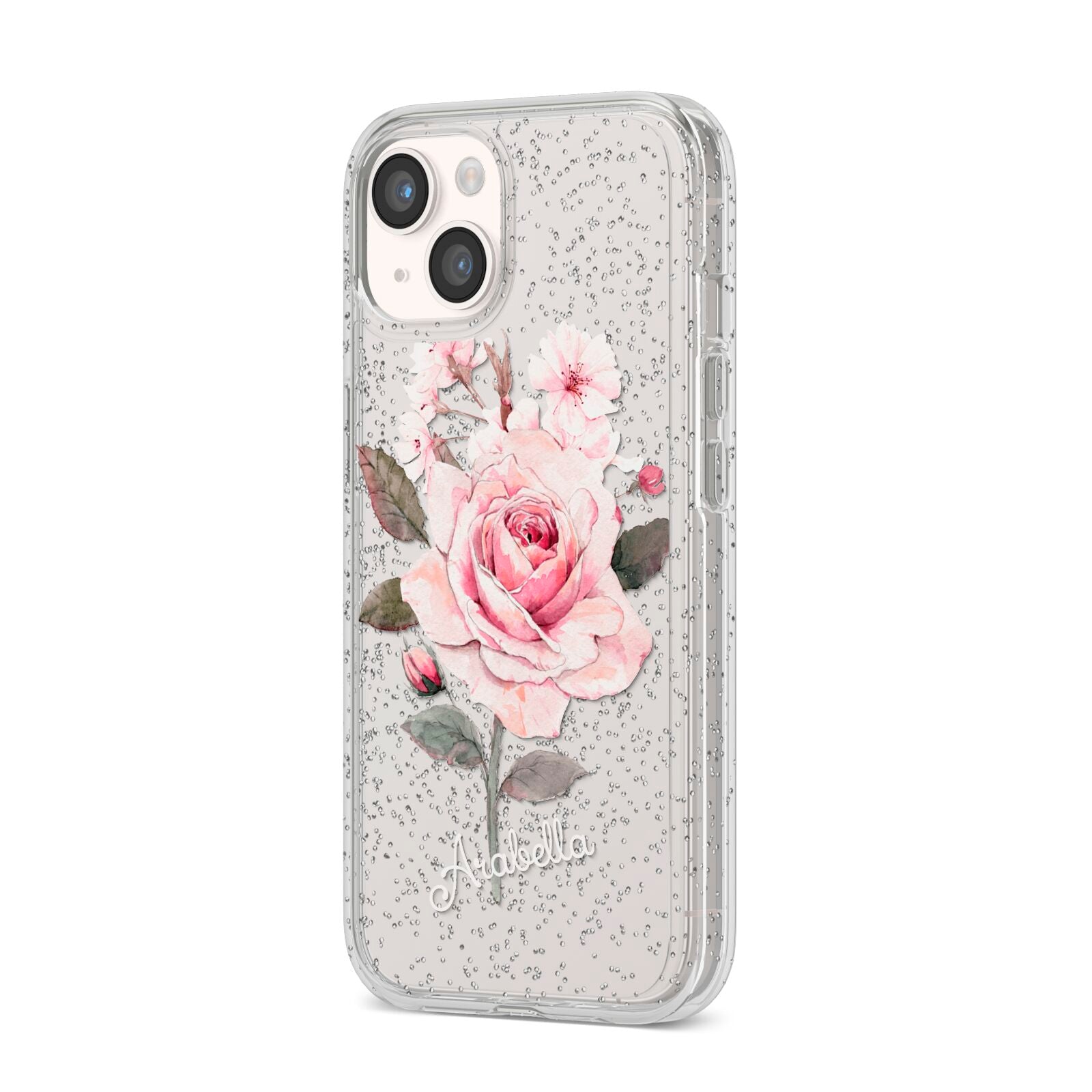 Personalised Rose with Name iPhone 14 Glitter Tough Case Starlight Angled Image