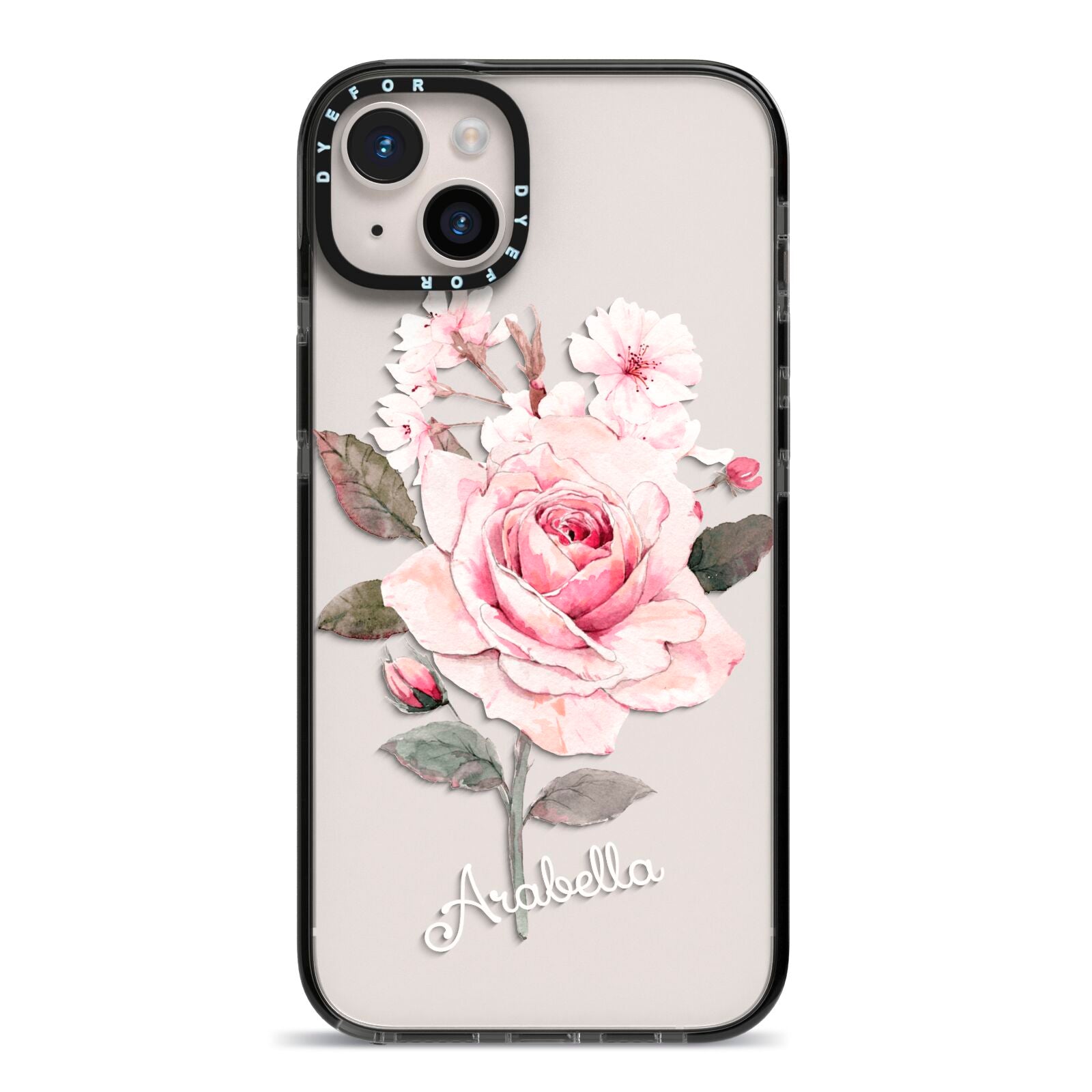 Personalised Rose with Name iPhone 14 Plus Black Impact Case on Silver phone