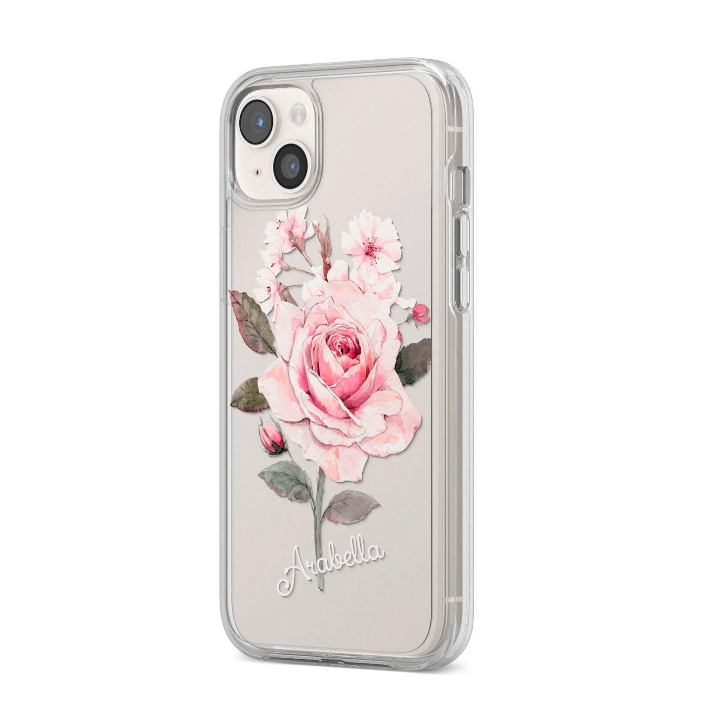 Personalised Rose with Name iPhone 14 Plus Clear Tough Case Starlight Angled Image