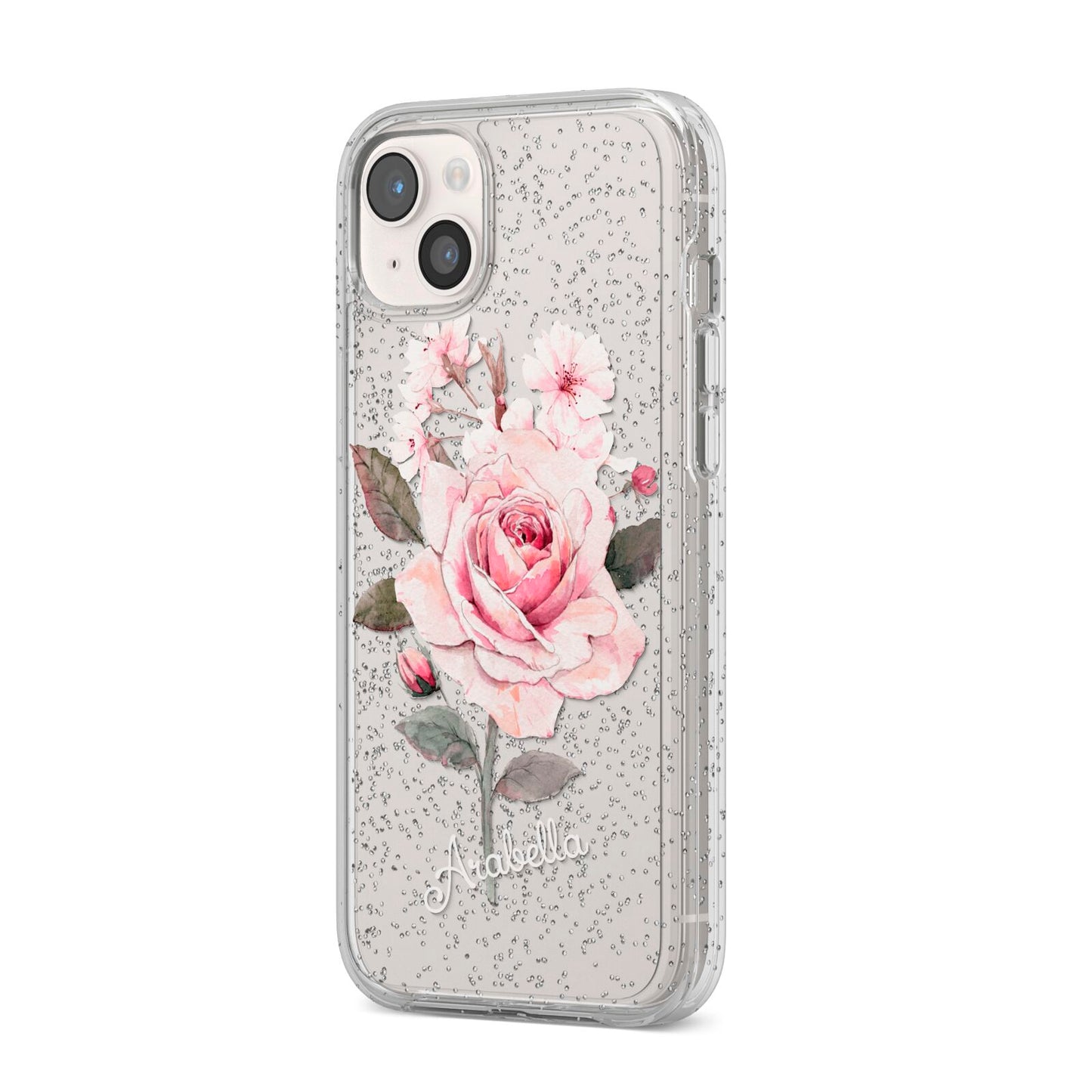 Personalised Rose with Name iPhone 14 Plus Glitter Tough Case Starlight Angled Image