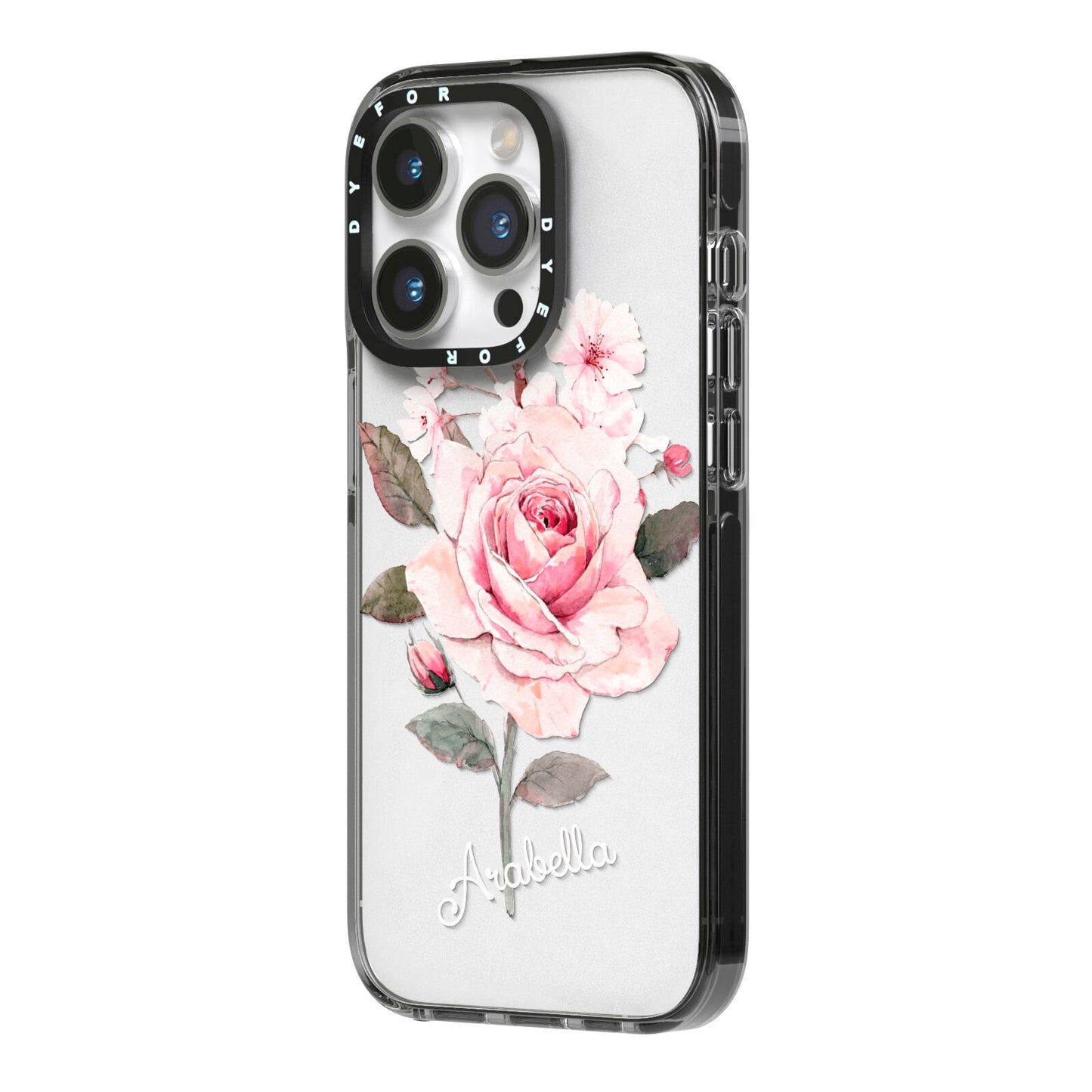 Personalised Rose with Name iPhone 14 Pro Black Impact Case Side Angle on Silver phone