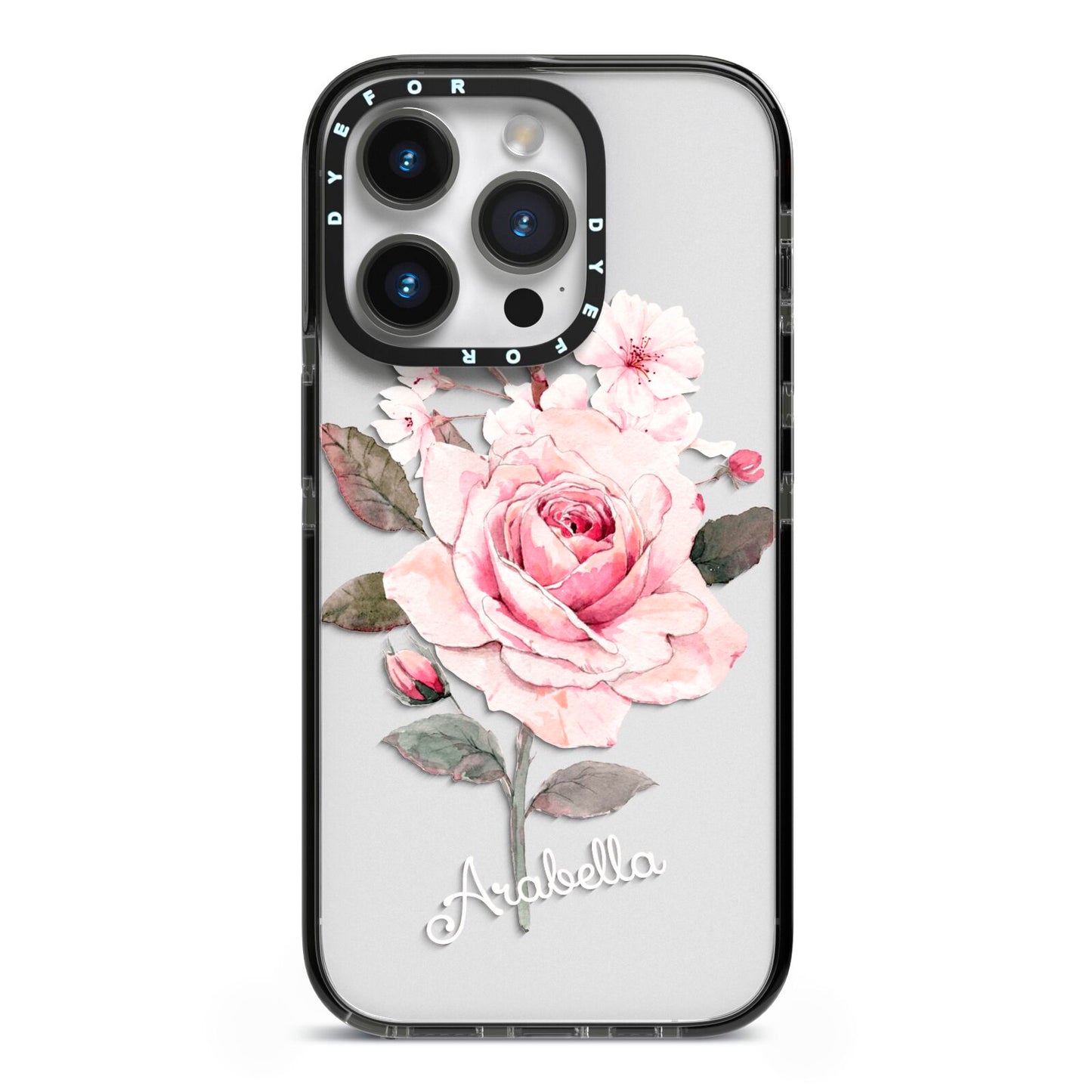 Personalised Rose with Name iPhone 14 Pro Black Impact Case on Silver phone