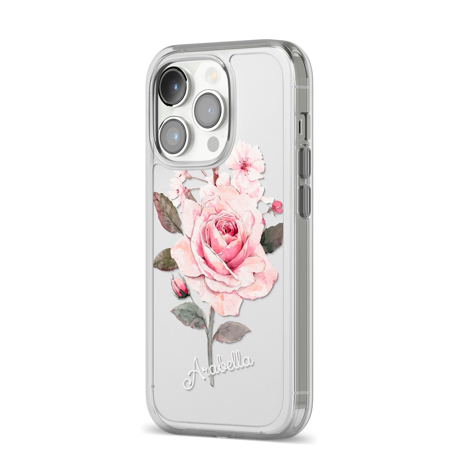 Personalised Rose with Name iPhone 14 Pro Clear Tough Case Silver Angled Image