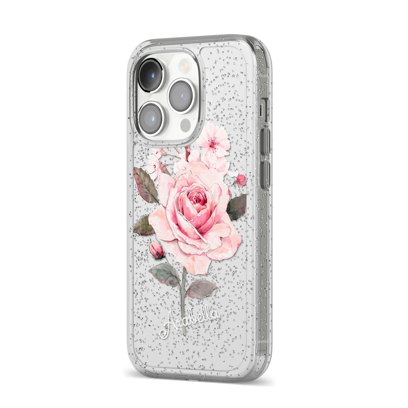 Personalised Rose with Name iPhone 14 Pro Glitter Tough Case Silver Angled Image