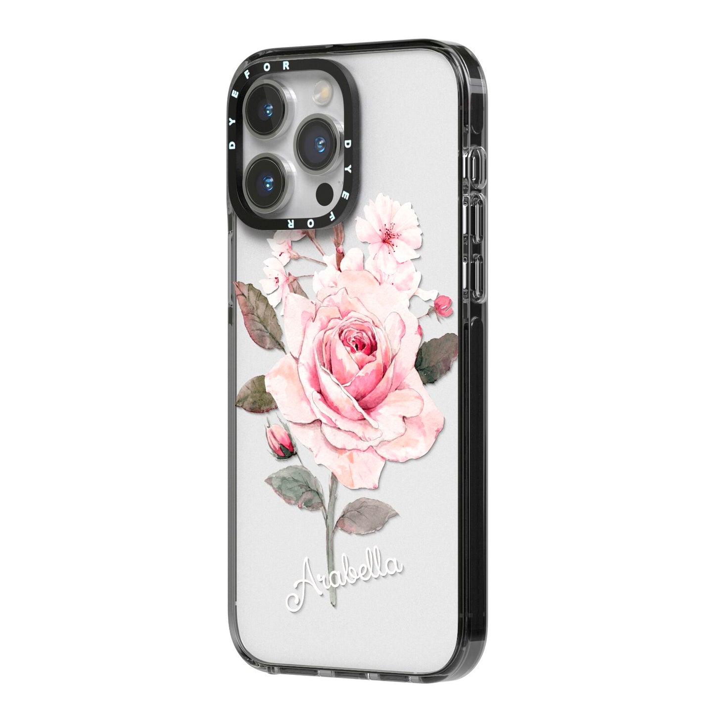 Personalised Rose with Name iPhone 14 Pro Max Black Impact Case Side Angle on Silver phone