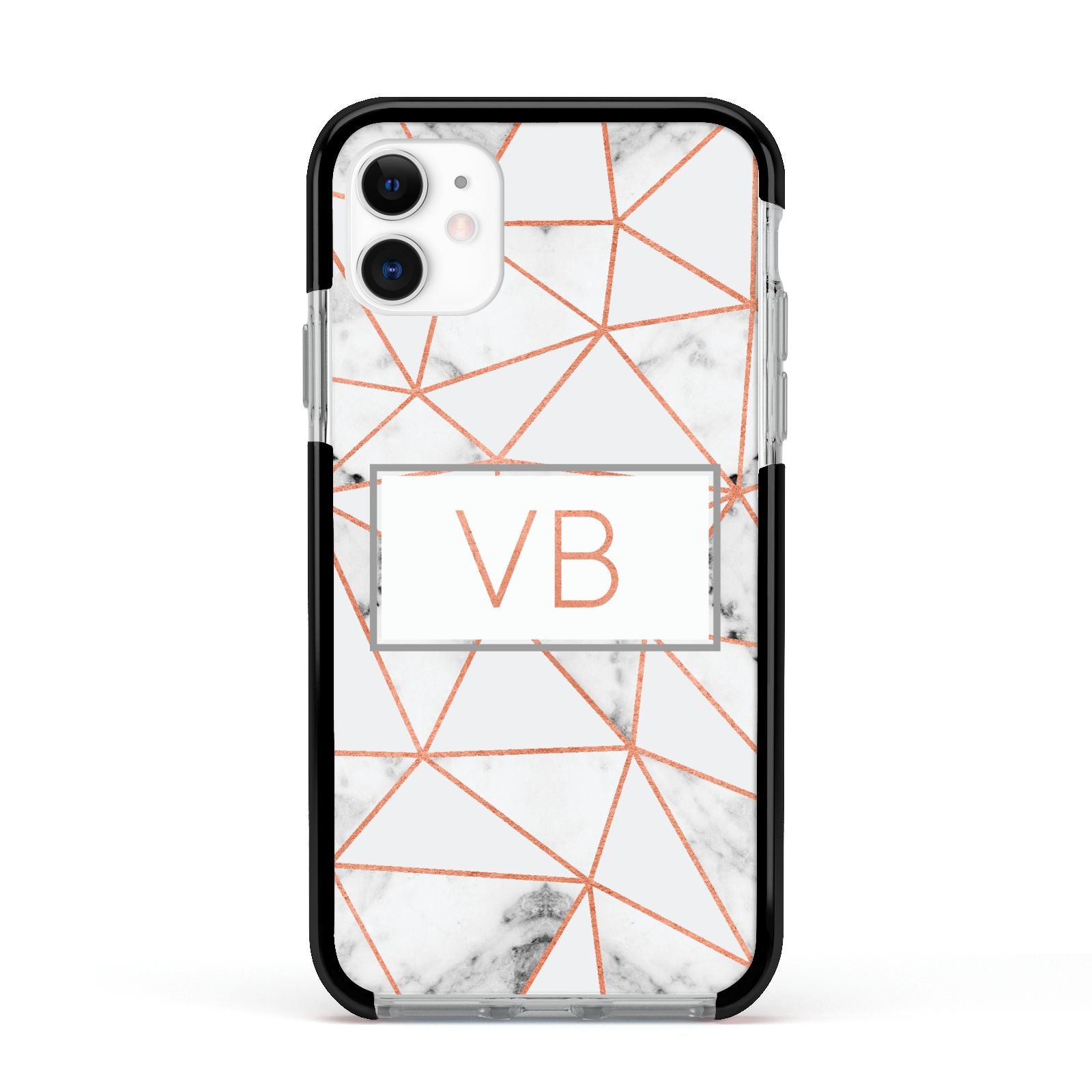 Personalised Rosegold Marble Initials Apple iPhone 11 in White with Black Impact Case