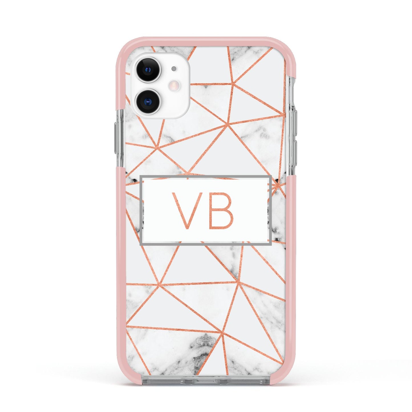 Personalised Rosegold Marble Initials Apple iPhone 11 in White with Pink Impact Case