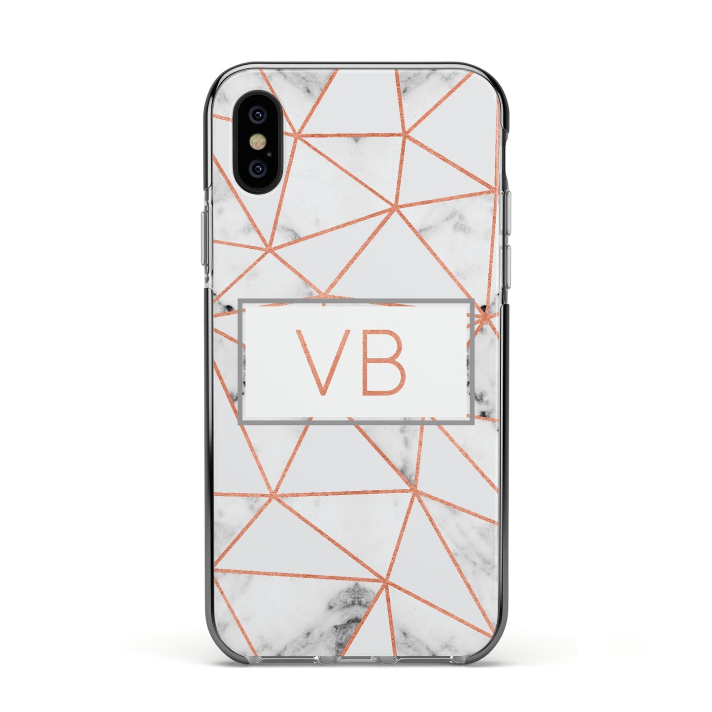 Personalised Rosegold Marble Initials Apple iPhone Xs Impact Case Black Edge on Black Phone