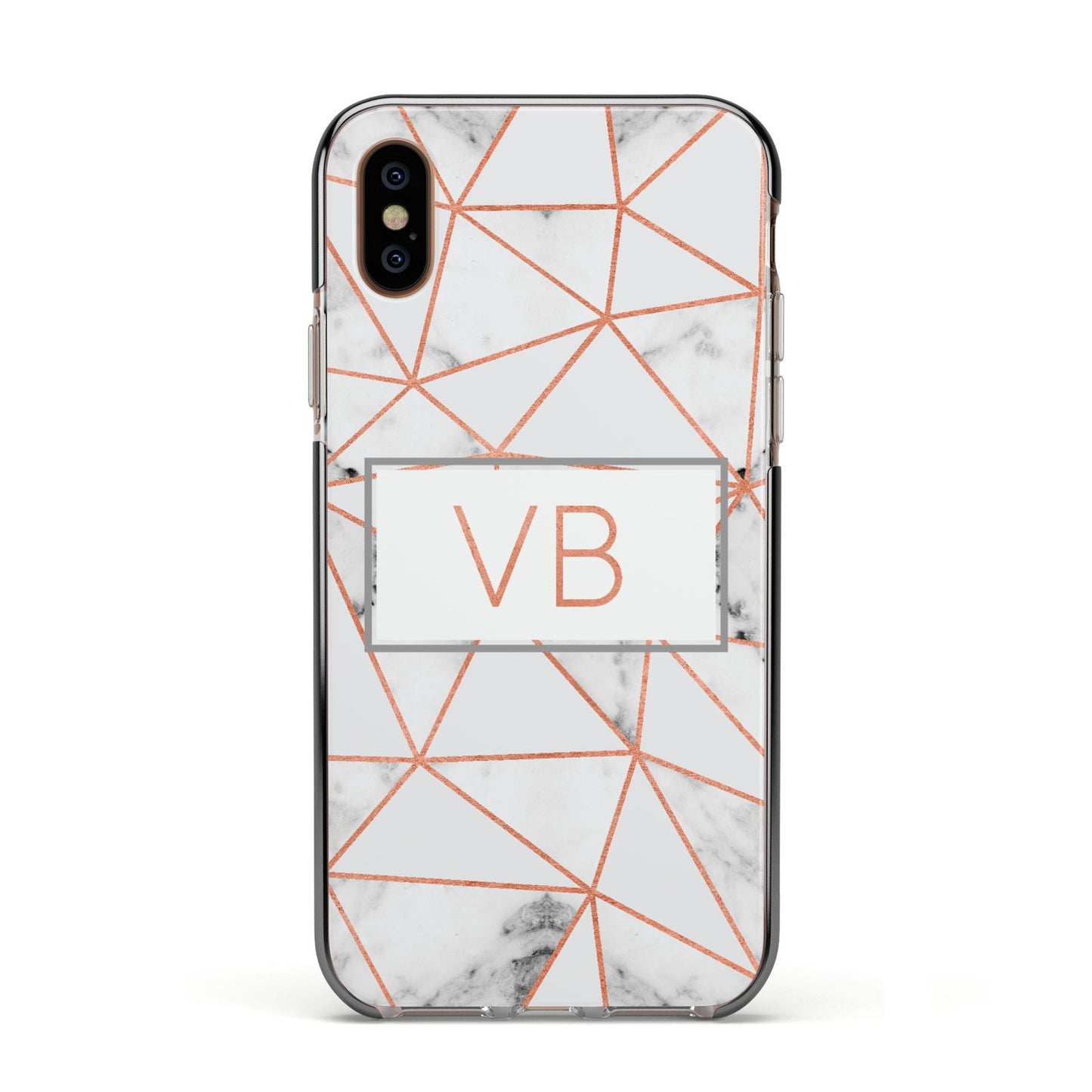 Personalised Rosegold Marble Initials Apple iPhone Xs Impact Case Black Edge on Gold Phone