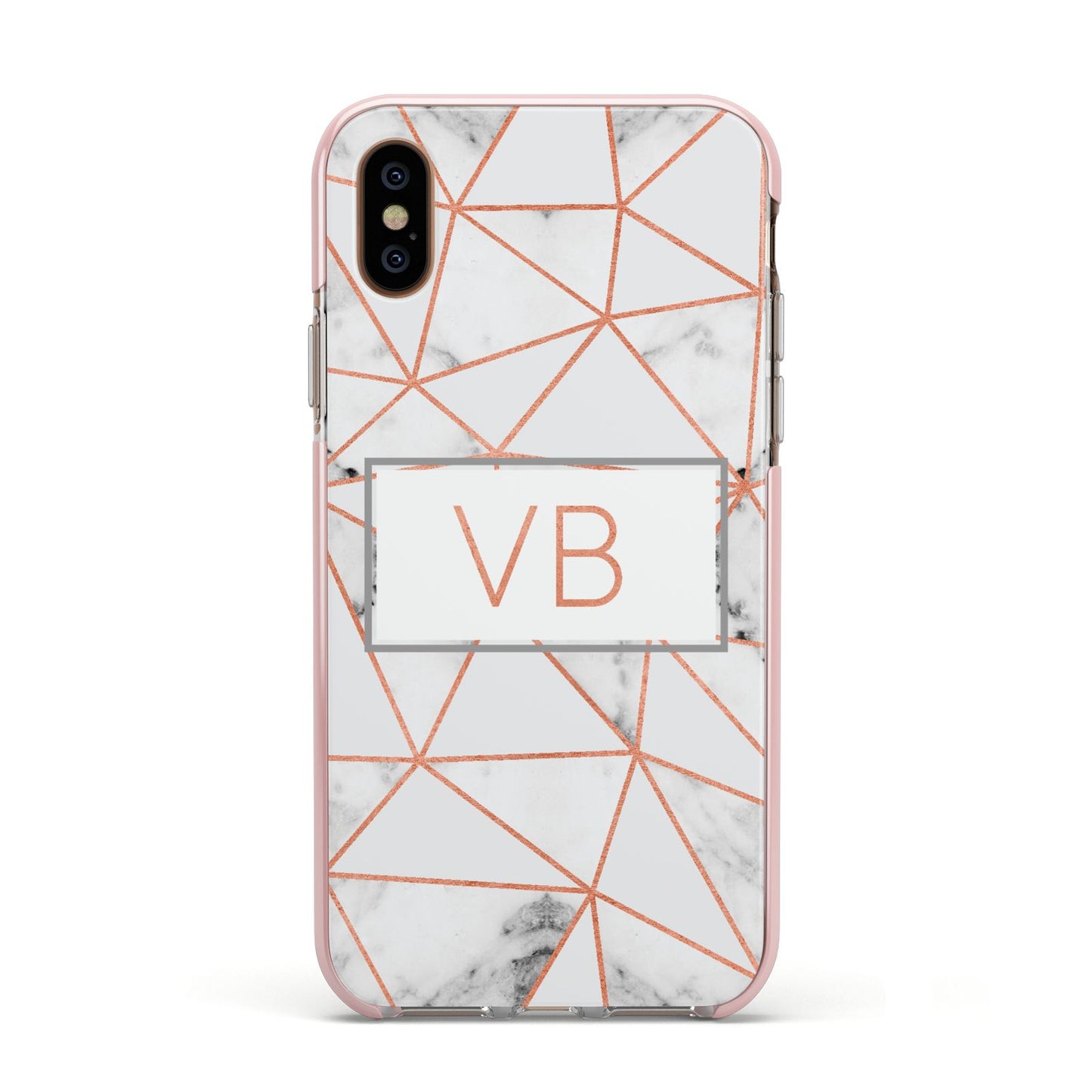 Personalised Rosegold Marble Initials Apple iPhone Xs Impact Case Pink Edge on Gold Phone