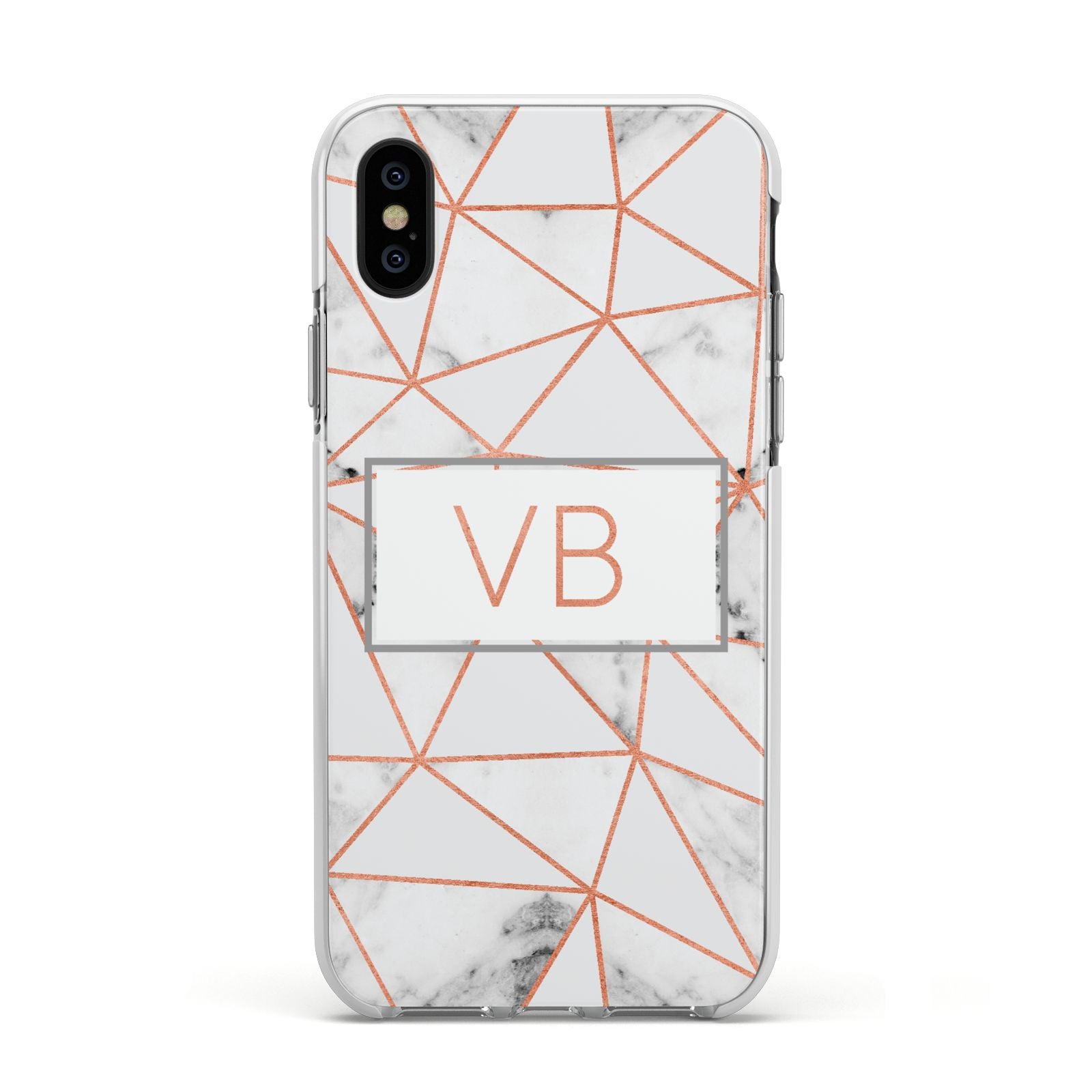 Personalised Rosegold Marble Initials Apple iPhone Xs Impact Case White Edge on Black Phone