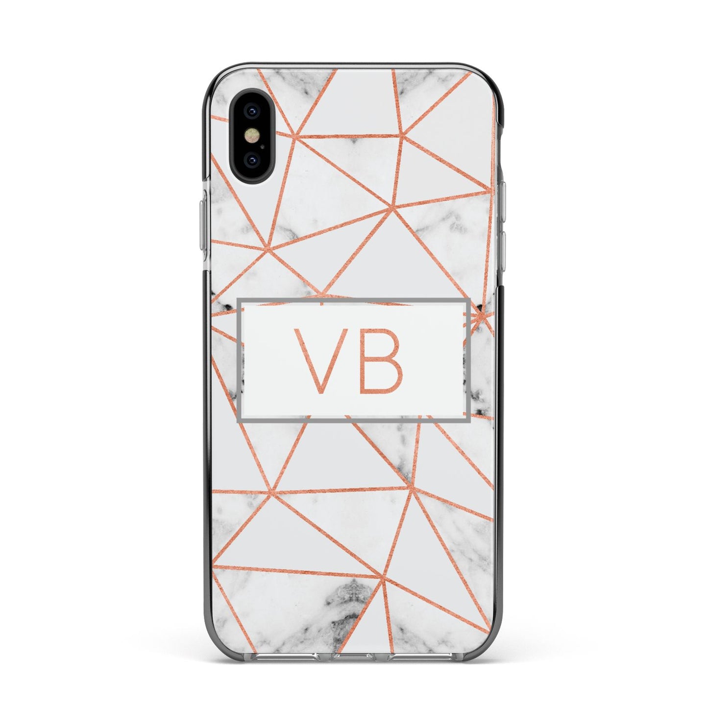 Personalised Rosegold Marble Initials Apple iPhone Xs Max Impact Case Black Edge on Black Phone