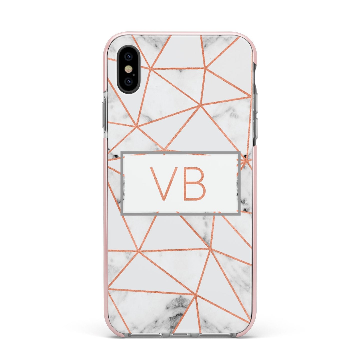 Personalised Rosegold Marble Initials Apple iPhone Xs Max Impact Case Pink Edge on Black Phone