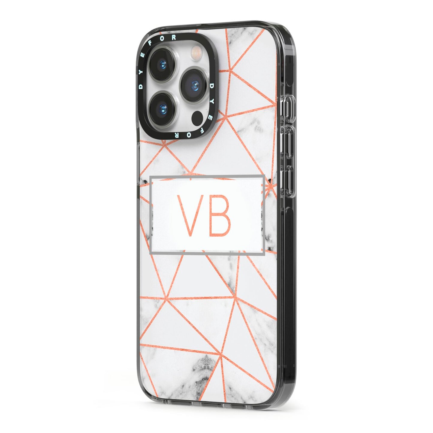 Personalised Rosegold Marble Initials iPhone 13 Pro Black Impact Case Side Angle on Silver phone