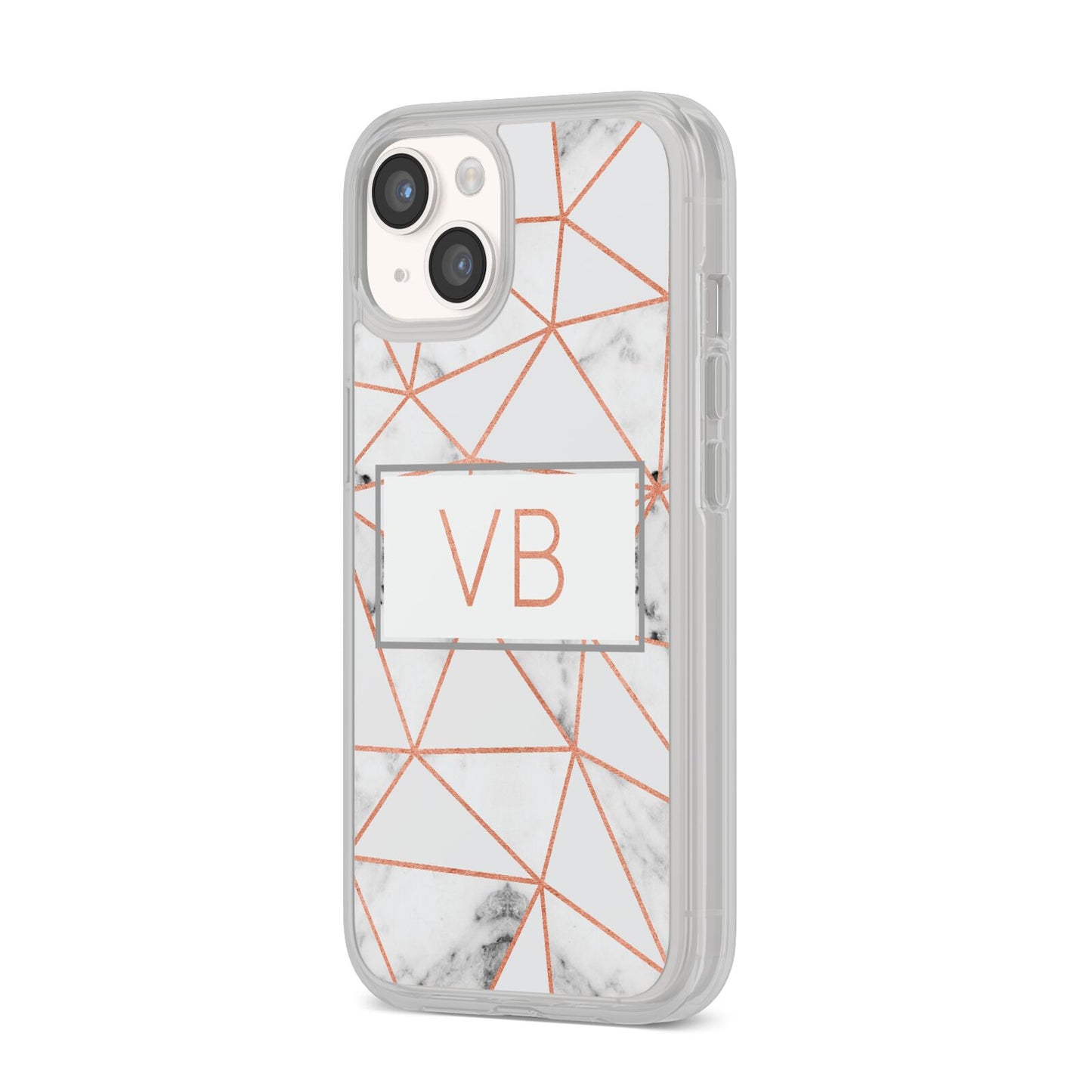 Personalised Rosegold Marble Initials iPhone 14 Clear Tough Case Starlight Angled Image