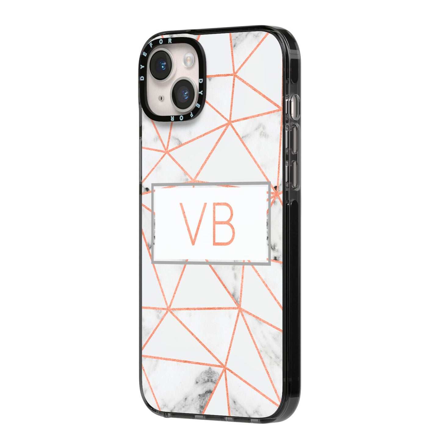 Personalised Rosegold Marble Initials iPhone 14 Plus Black Impact Case Side Angle on Silver phone