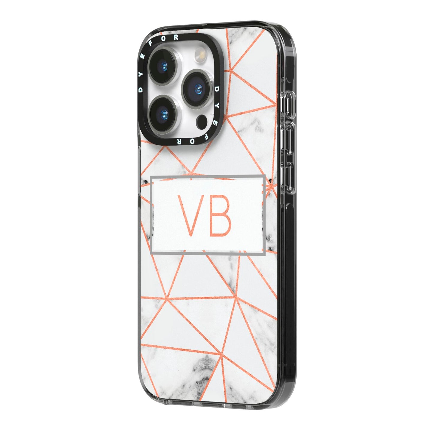 Personalised Rosegold Marble Initials iPhone 14 Pro Black Impact Case Side Angle on Silver phone