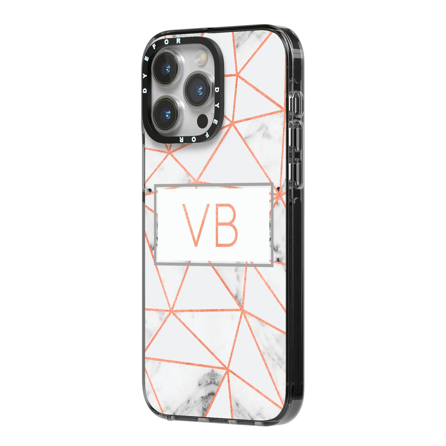 Personalised Rosegold Marble Initials iPhone 14 Pro Max Black Impact Case Side Angle on Silver phone