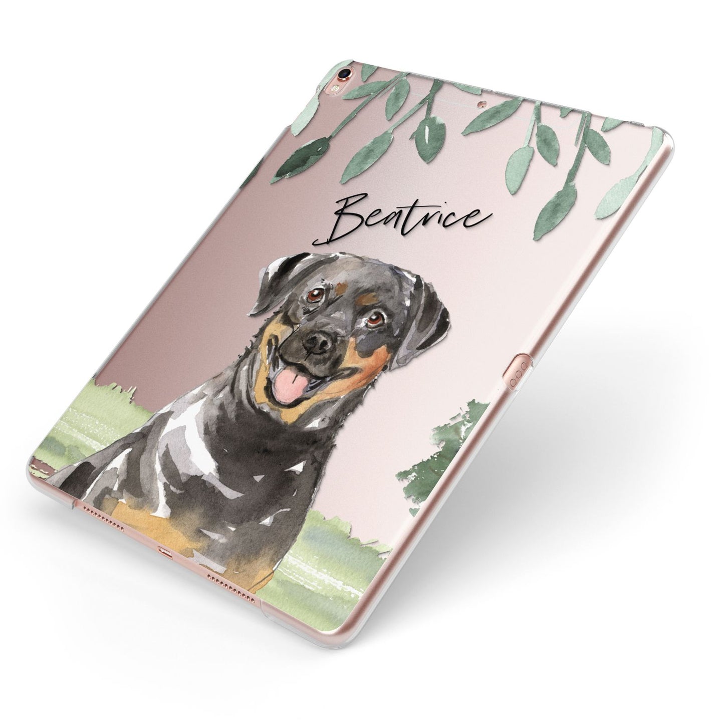 Personalised Rottweiler Apple iPad Case on Rose Gold iPad Side View